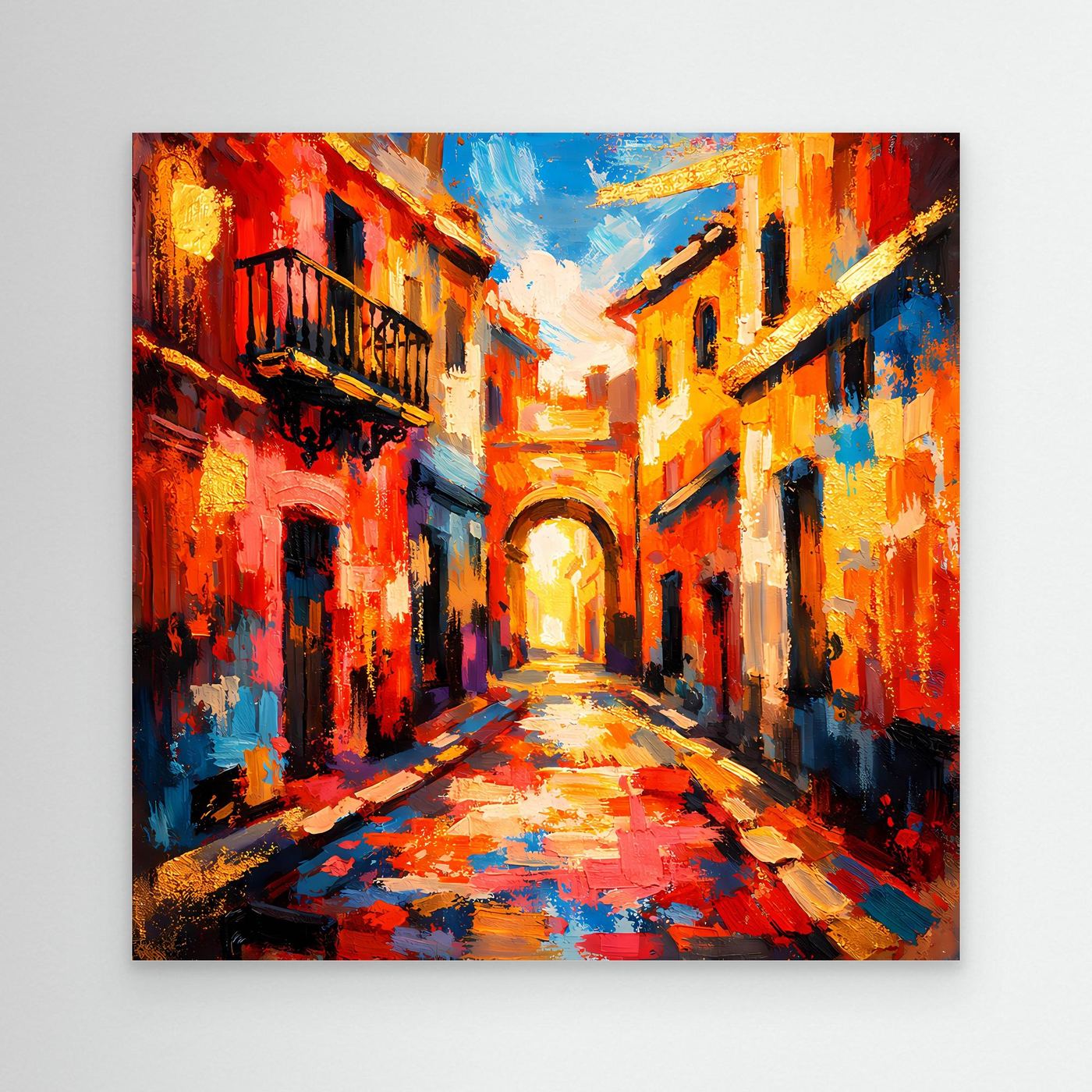 Abstraktes Leinwandbild mediterrane Altstadtgasse mit Bogengang und Pflasterweg, farbig, ohne Rahmen
