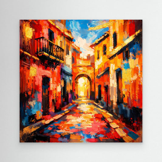 Abstraktes Leinwandbild mediterrane Altstadtgasse mit Bogengang und Pflasterweg, farbig, ohne Rahmen