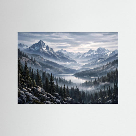 Poster im Querformat mit Bergsee, Tannenwald und Nebel, ohne Rahmen