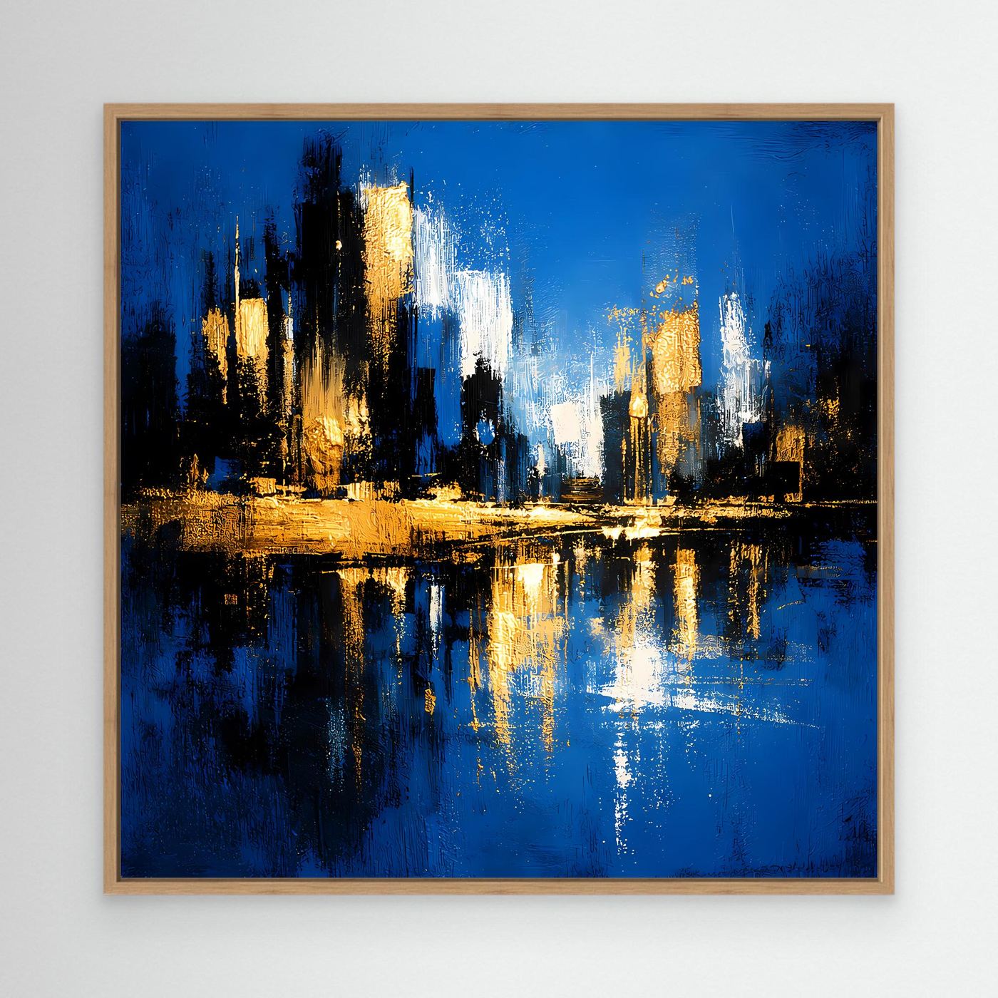 Leinwand Abstrakte Skyline in Blau und Gold | Modernes Großstadt Wandbild mit Spiegelung