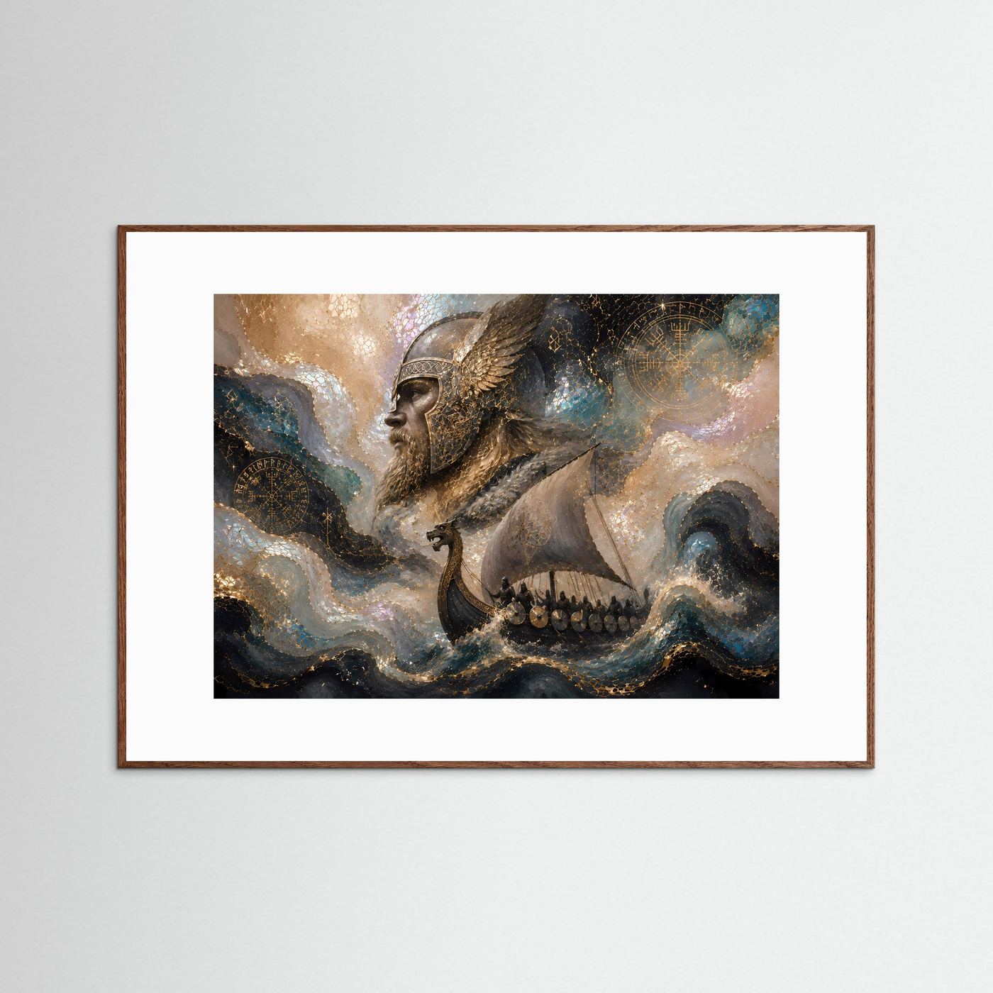 Querformat-Poster mit Wikinger auf Drachenboot, gerahmt in dunkelbraunem Holz