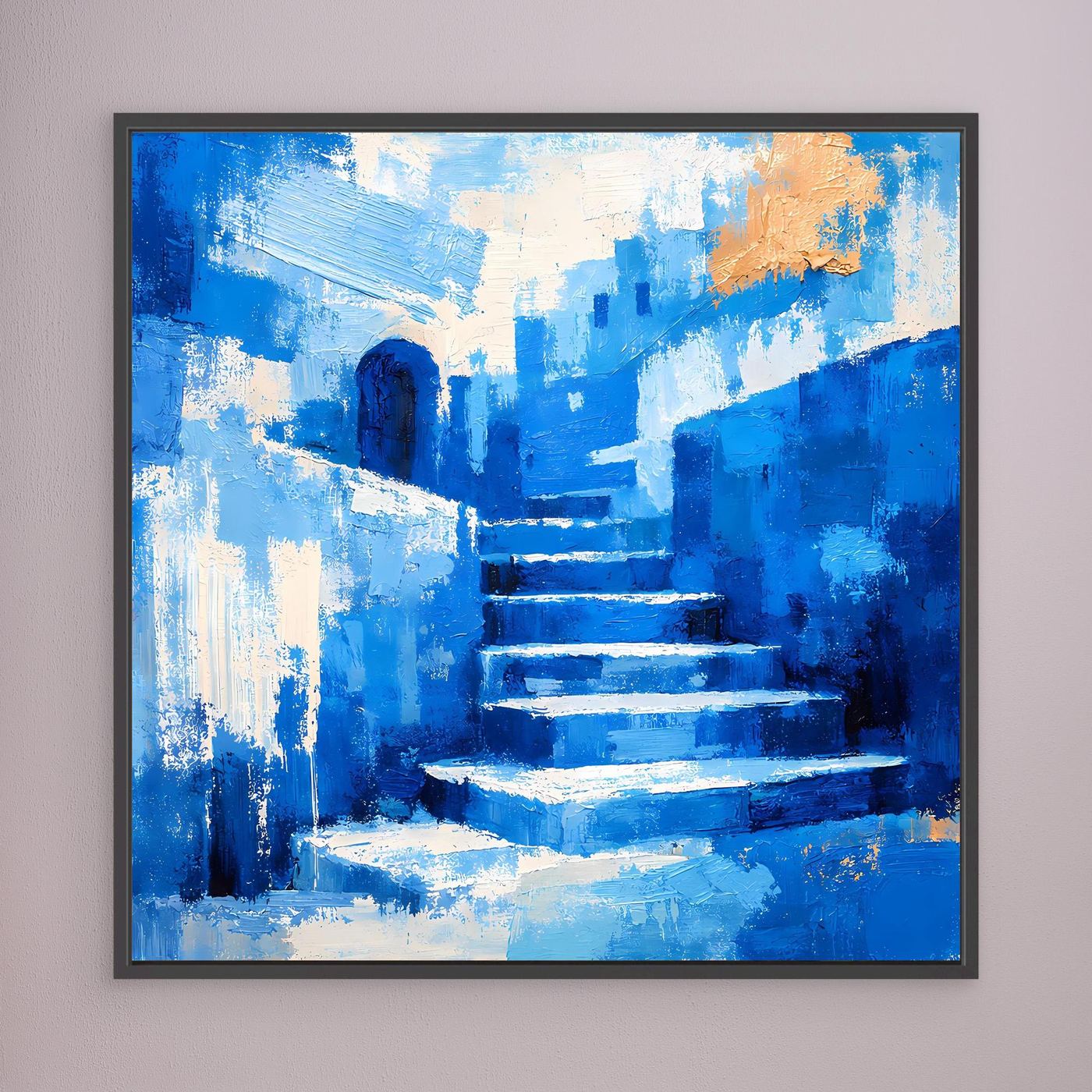 Blaues Leinwand-Wandbild mit Treppenmotiv, schwarzer Rahmen, orangefarbener Akzent