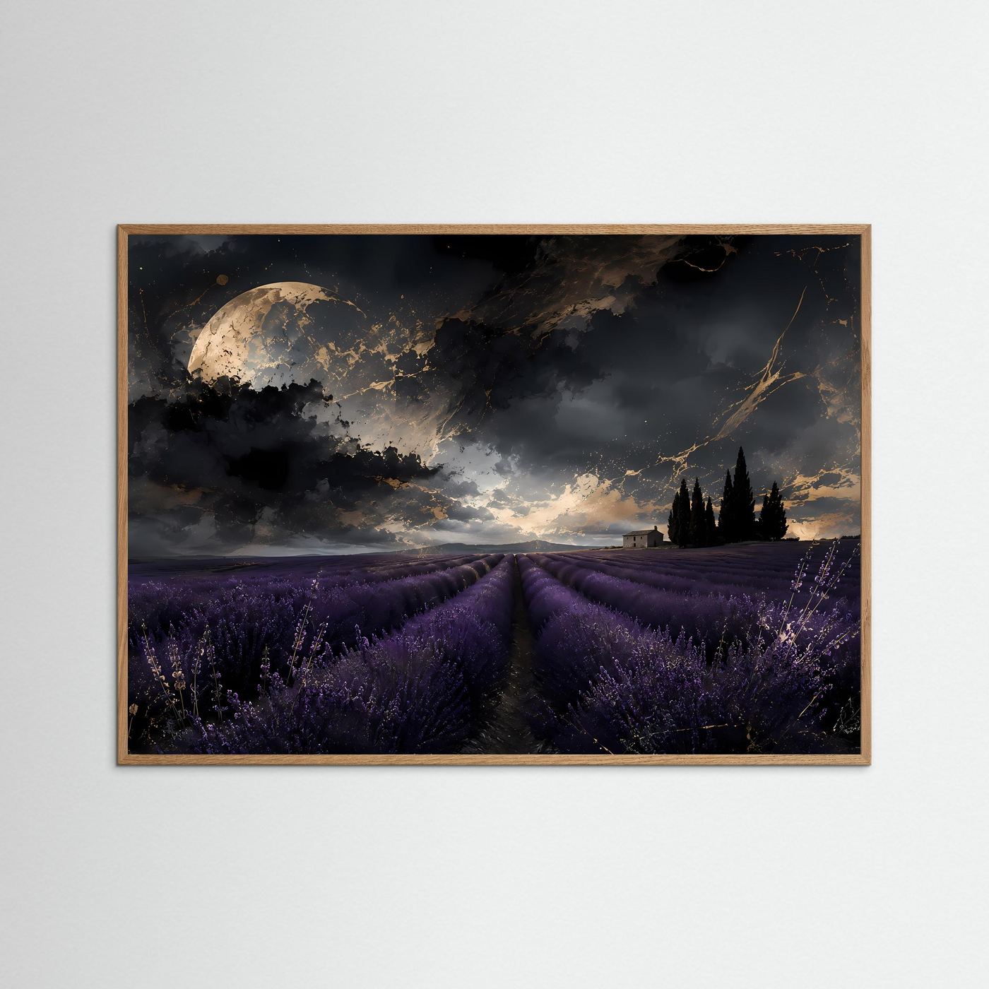 Nächtliches Lavendelfeld in der Provence | Mystisches Poster mit Mond & Gold | Wandbild Querformat