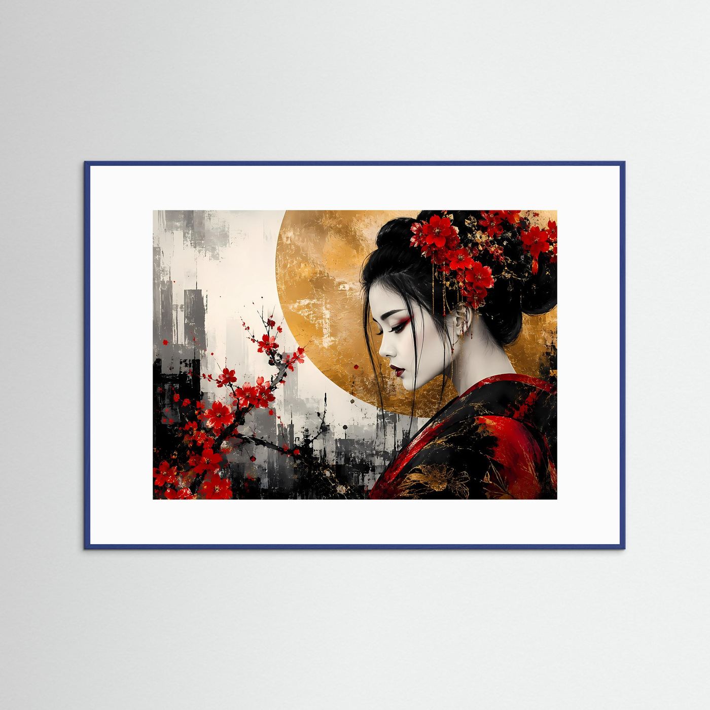 Wandbild mit Geisha in Rot und Gold, schwarzem Haar, roter Blumen, blauem Rahmen