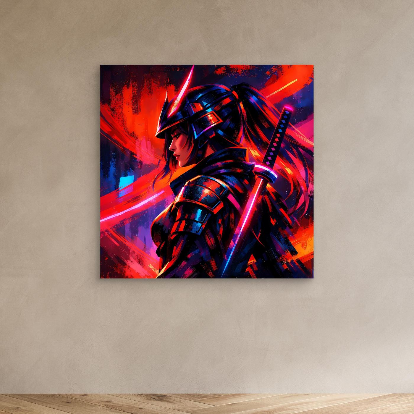 Neon-Leinwandbild Samurai-Kriegerin, abstraktes Design, ohne Rahmen