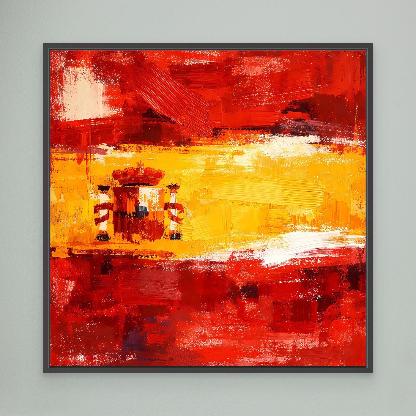 Framed abstract canvas wall art with red and yellow brushstroke flag design, dark frame