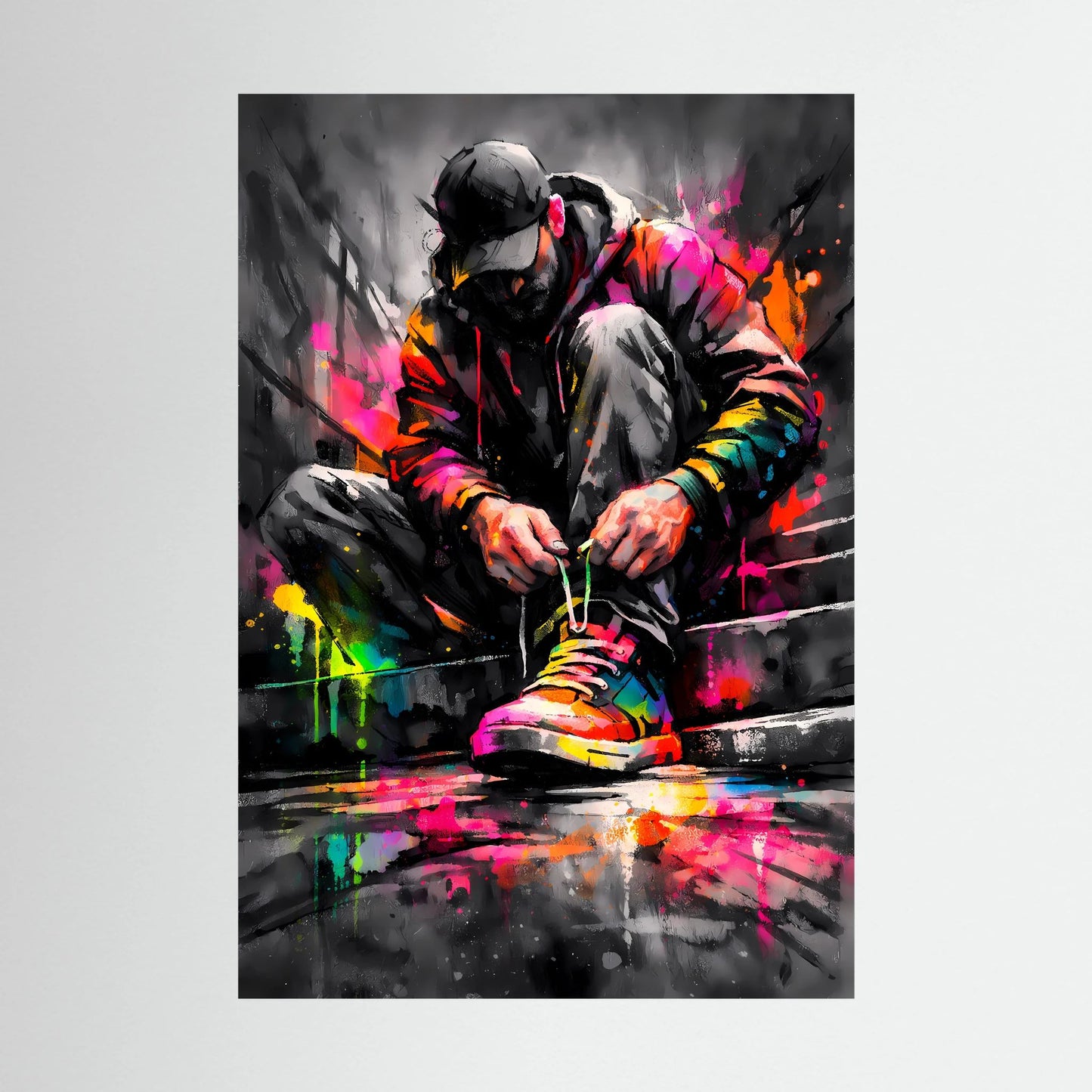 Hochkantposter ohne Rahmen: Person mit Kopfhörern und bunten Sneakers, farbige Sprühfläche