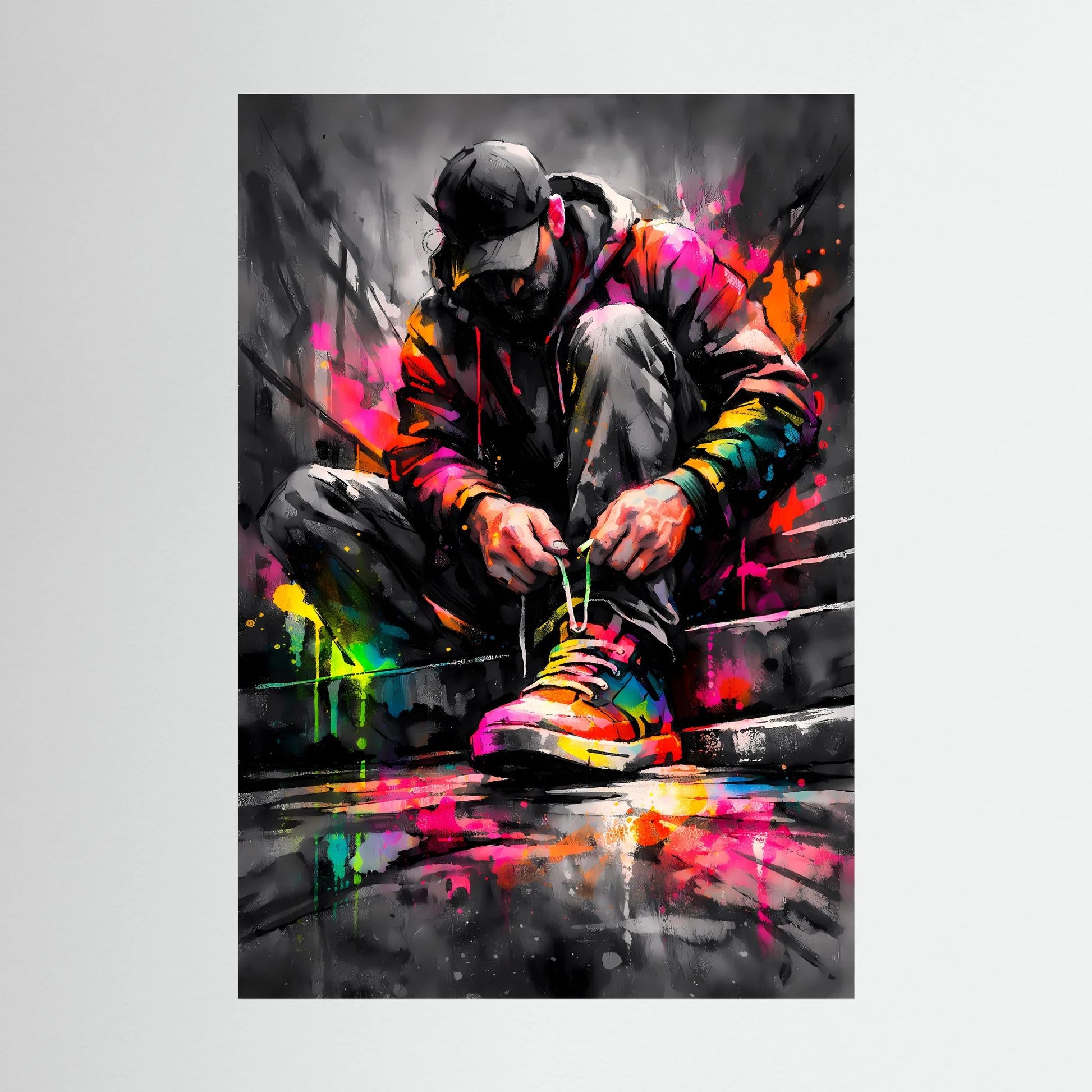 Hochkantposter ohne Rahmen: Person mit Kopfhörern und bunten Sneakers, farbige Sprühfläche