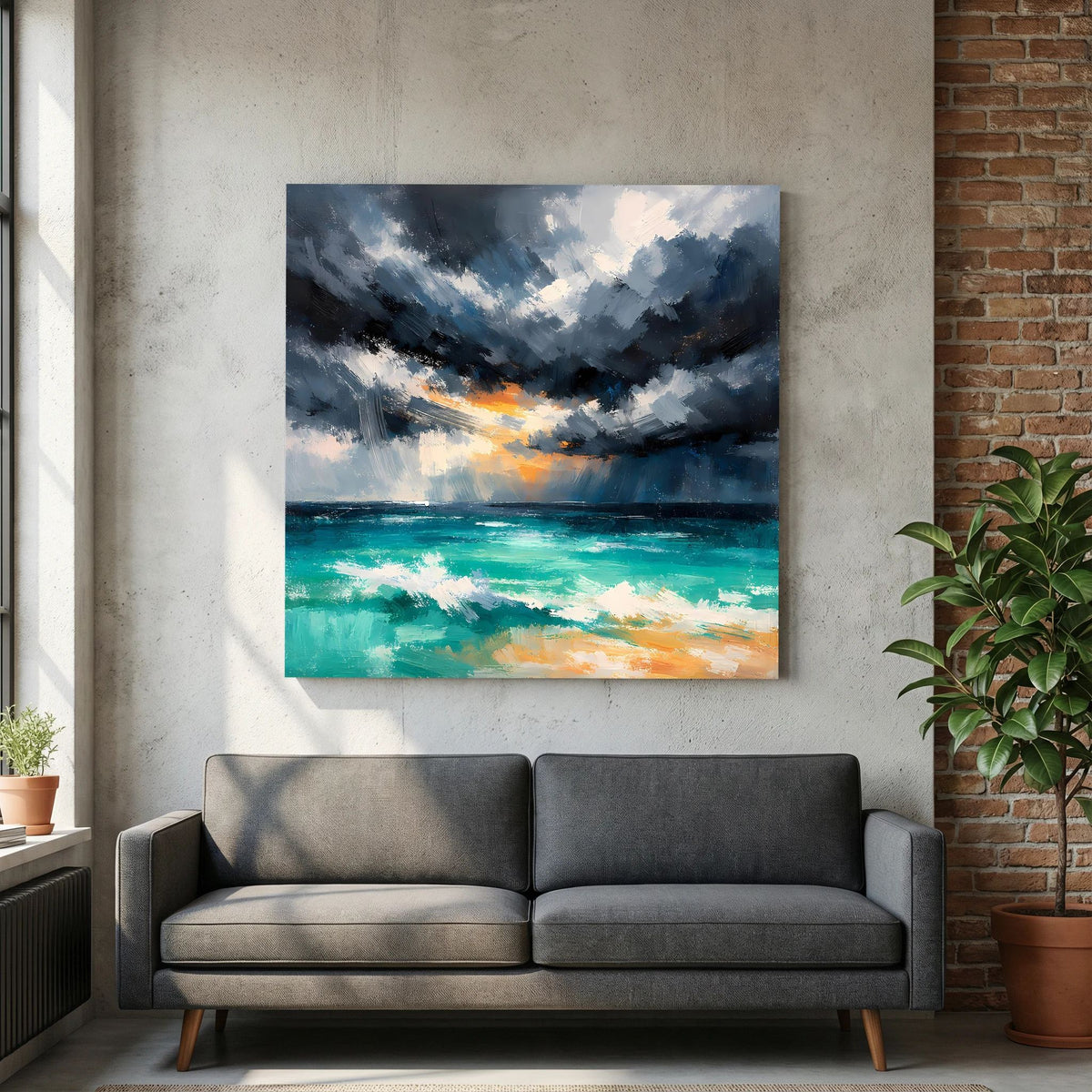 Abstraktes Wandbild mit dunklen Wolken, türkisgrünen Wellen und orangefarbenem Lichtschein