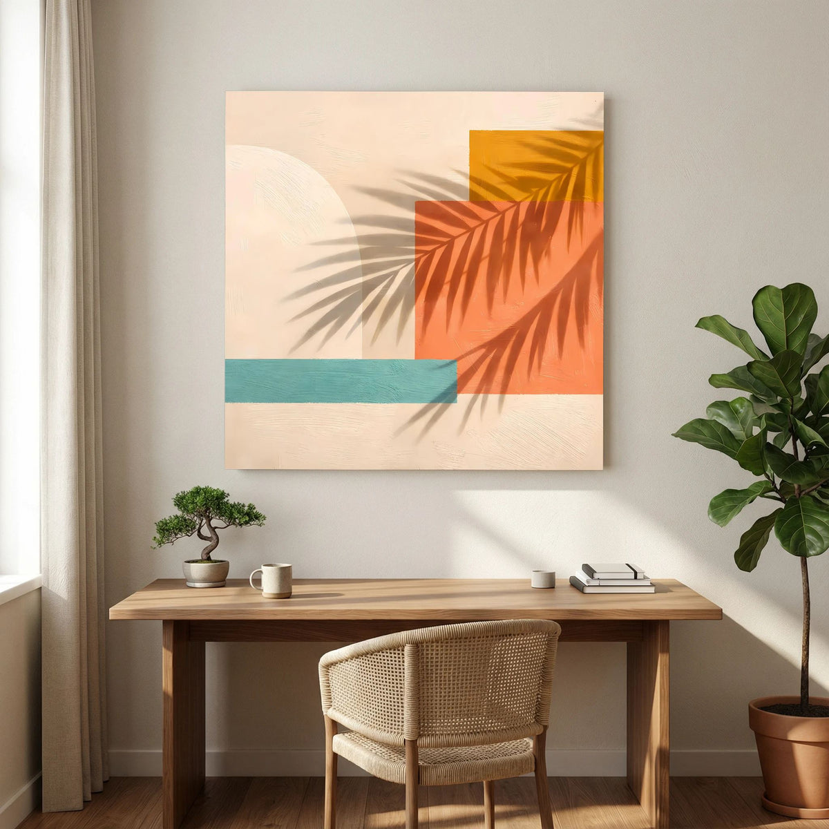 Leinwand Abstrakte Geometrie mit Palmenschatten | Modernes Boho Wandbild Terracotta