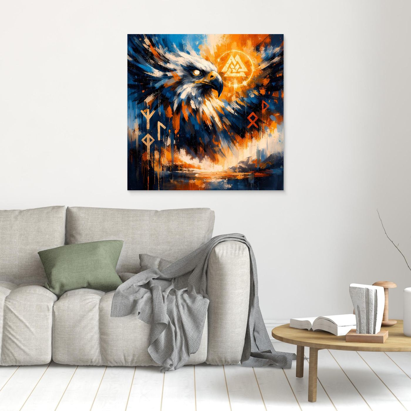 Kleines Adler-Leinwandbild mit Sonnensymbol und nordischen Runen im hellen Rahmen