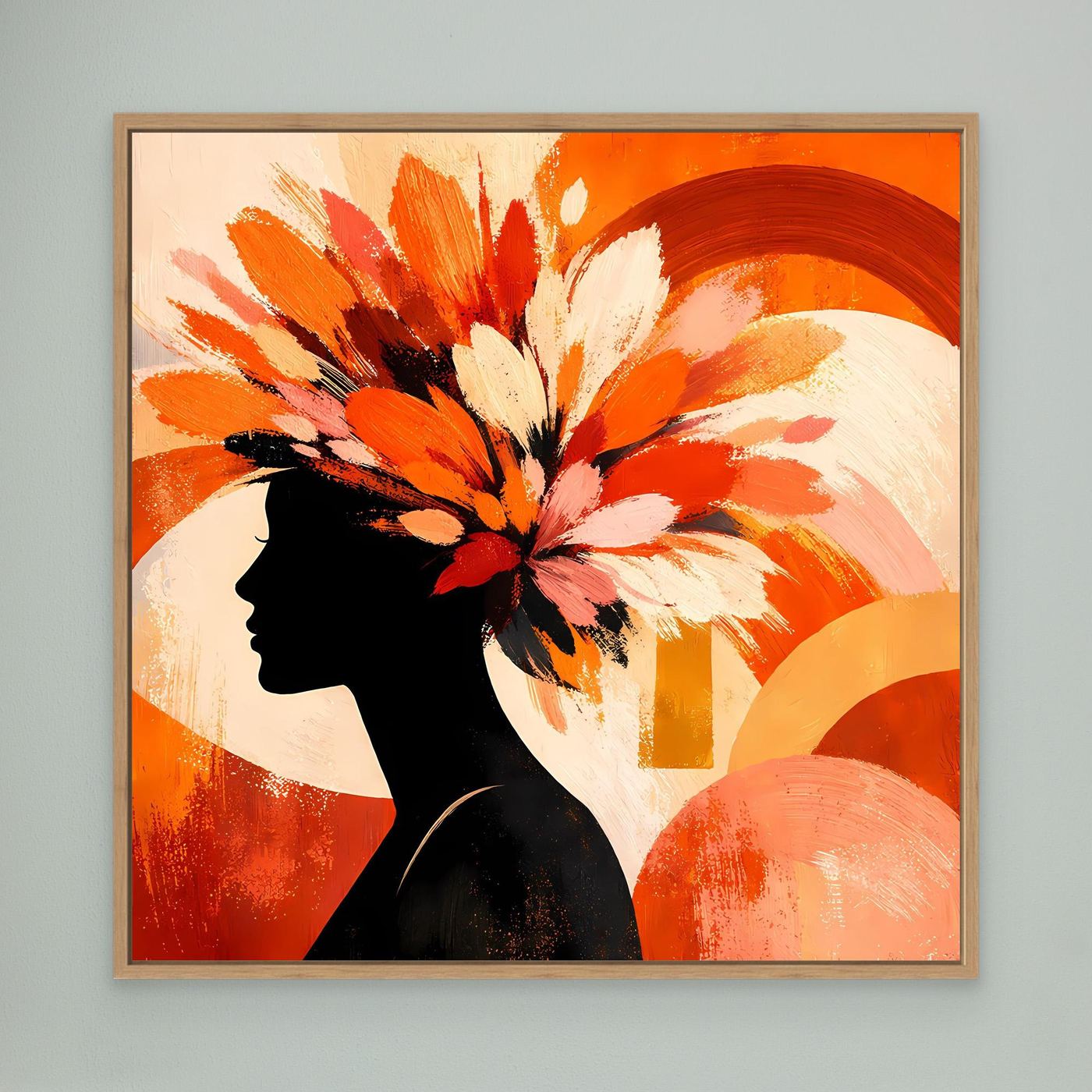 Leinwandbild mit Frauensilhouette und Blumenmuster, brauner Holzrahmen