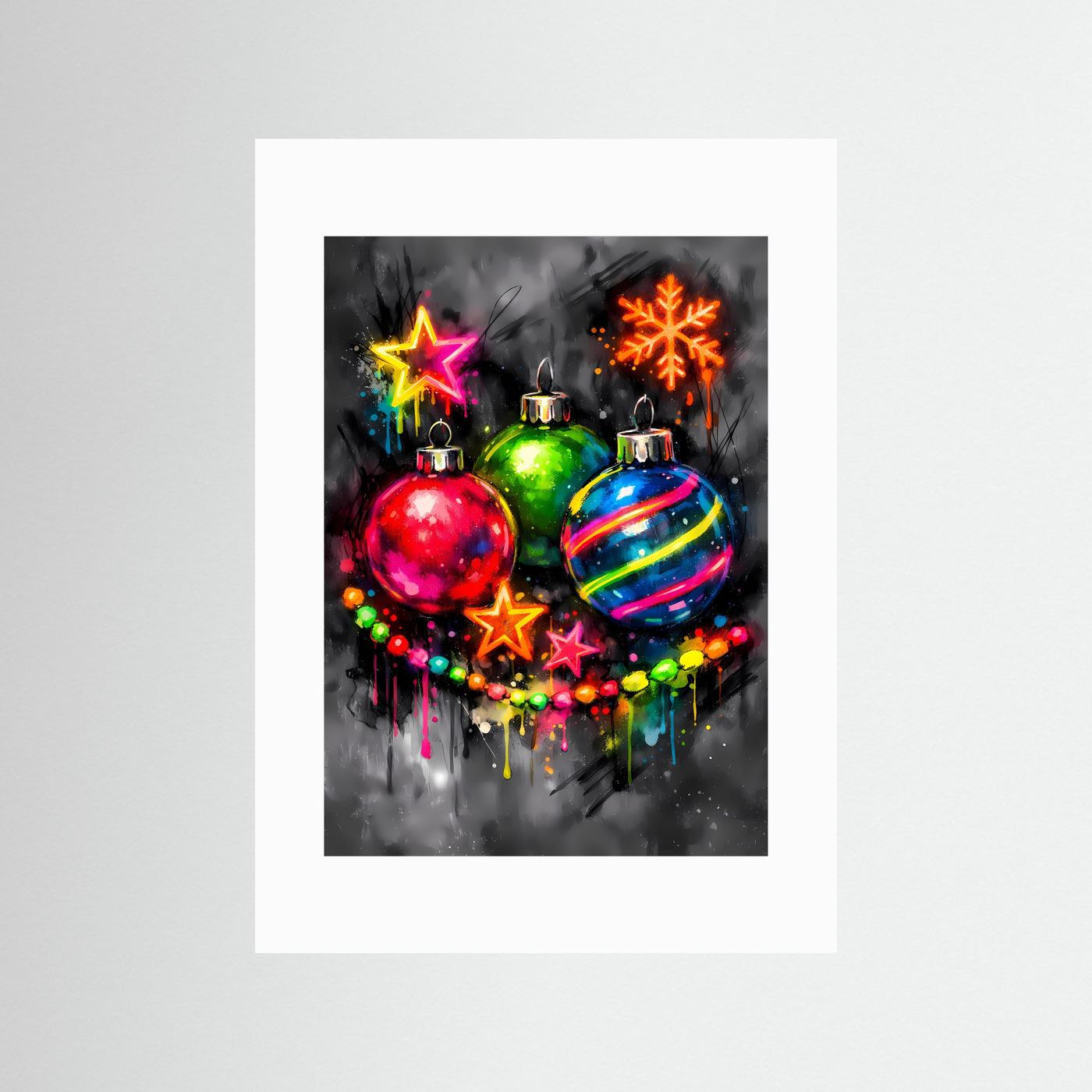 Die Magie des Festes | Neon Weihnachtskugeln Poster in bunten Farben | Abstraktes Kunstposter Hochformat