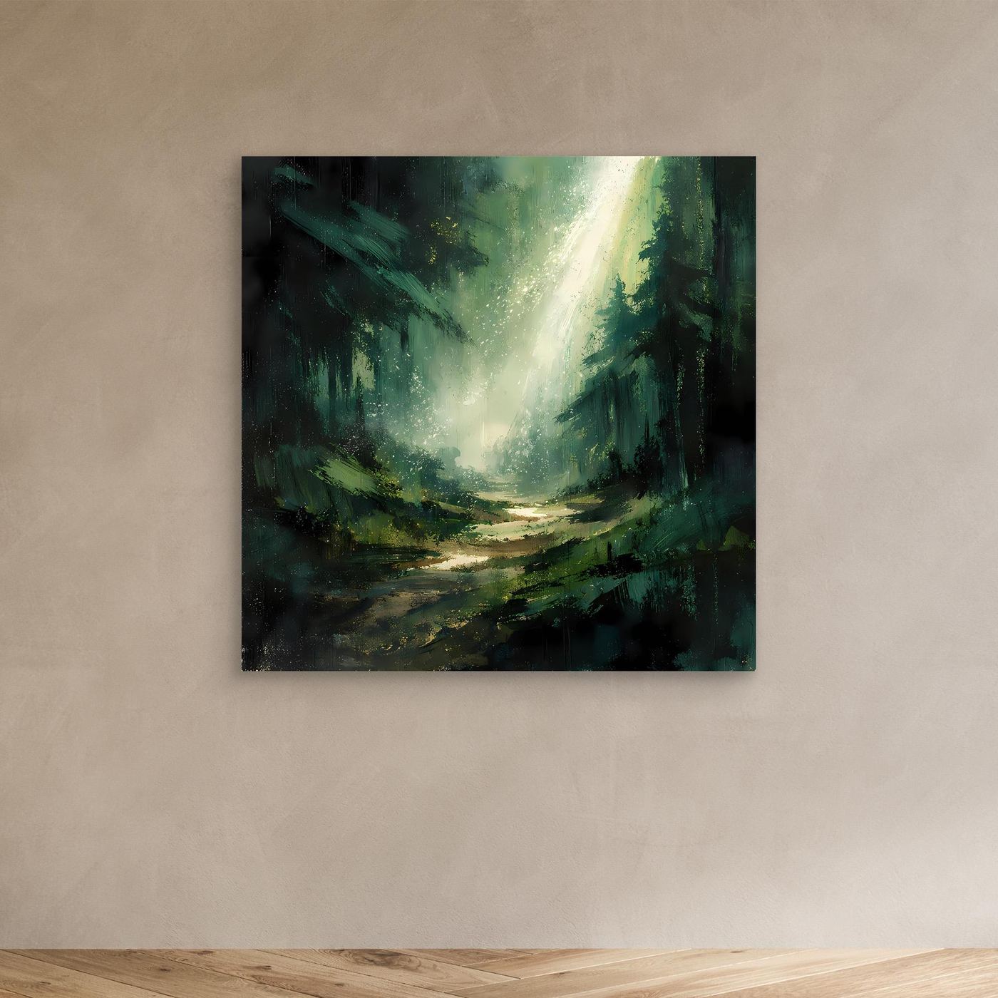 Leinwand Magischer Lichtstrahl im Wald | Abstraktes Tannenwald Wandbild Grün