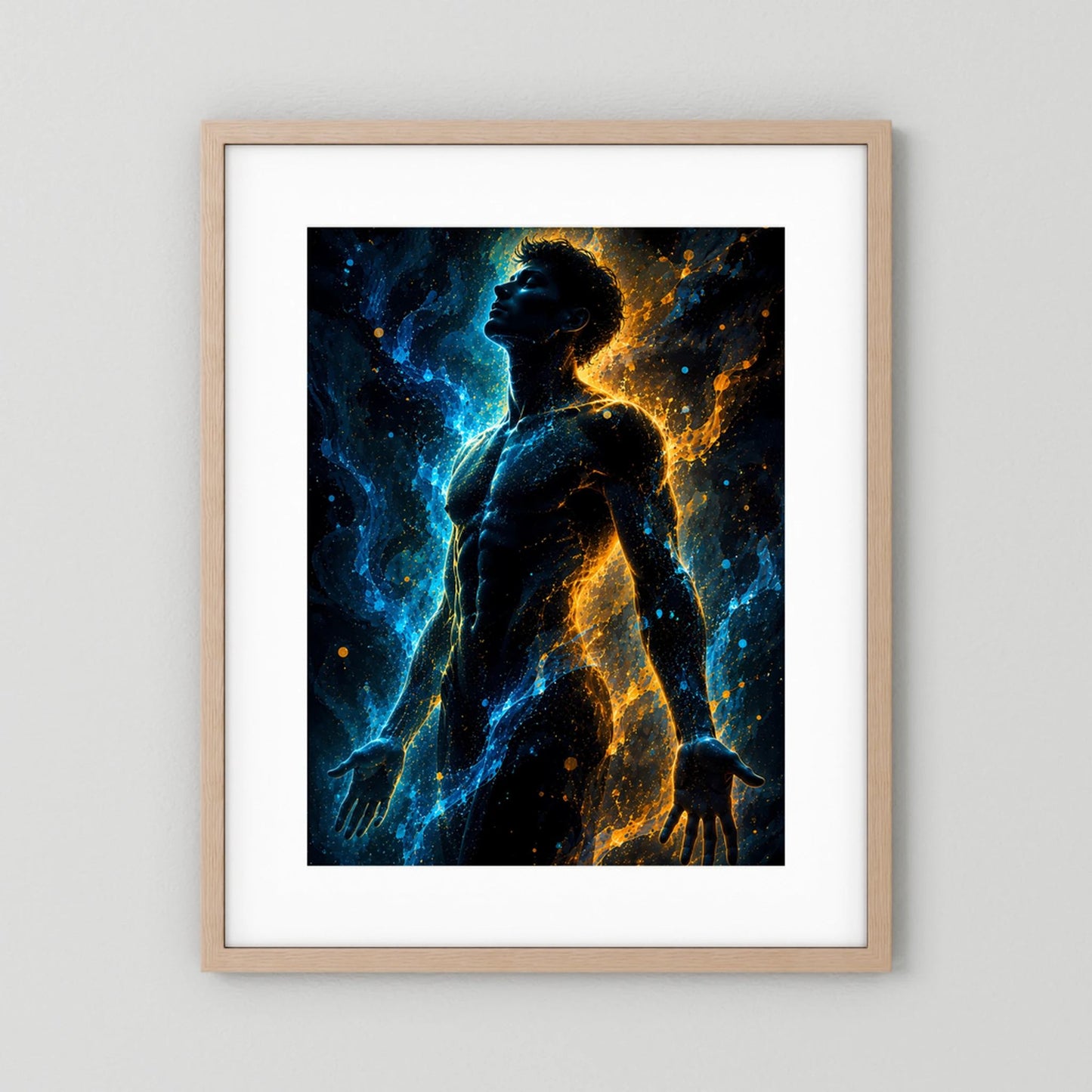 Hochformat-Poster mit männlicher Silhouette, blau-gold leuchtend, beigefarbener Holzrahmen