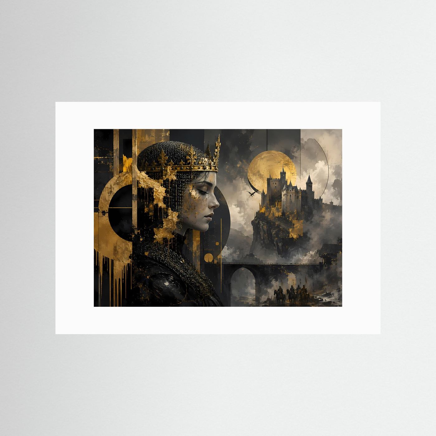 Mittelalterliche Königin vor Burg | Mystische Fantasy-Kunst in Schwarz & Gold