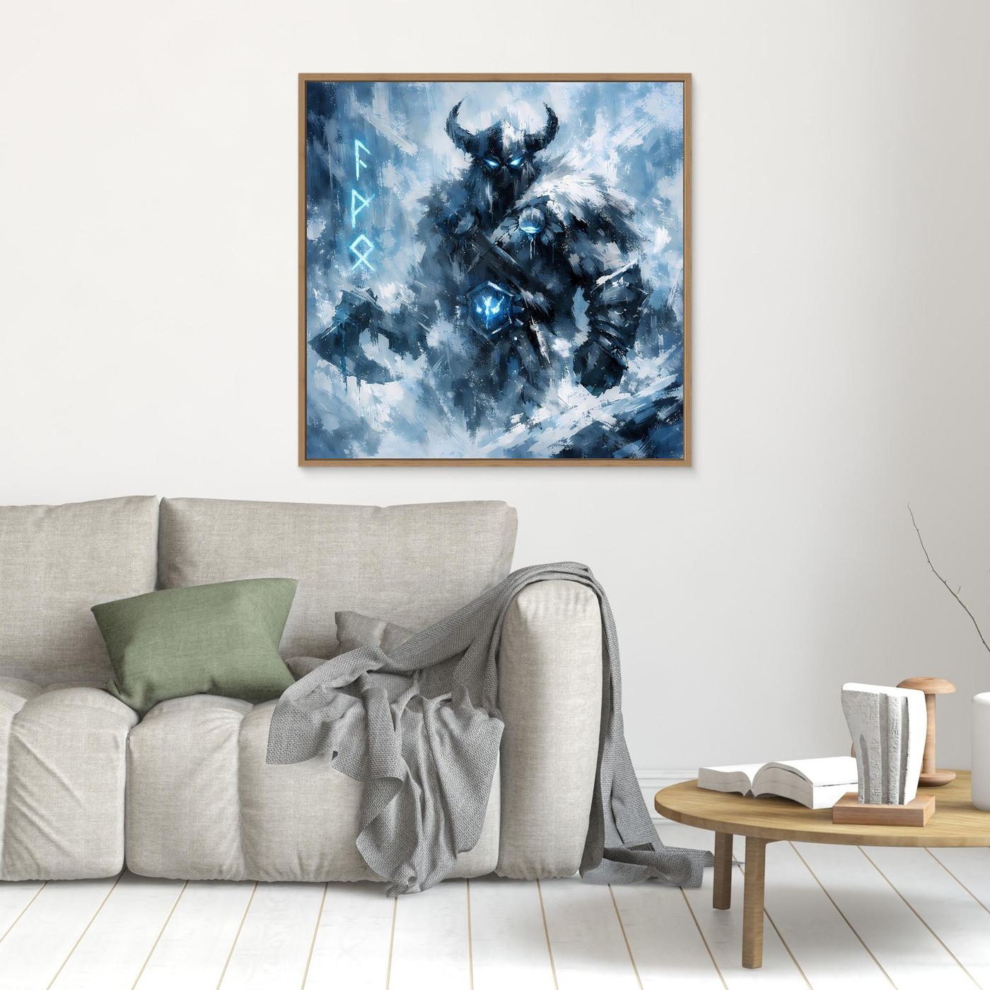 Wandbild mit blau-schwarzem Eis-Krieger-Motiv, goldbrauner Holzrahmen.