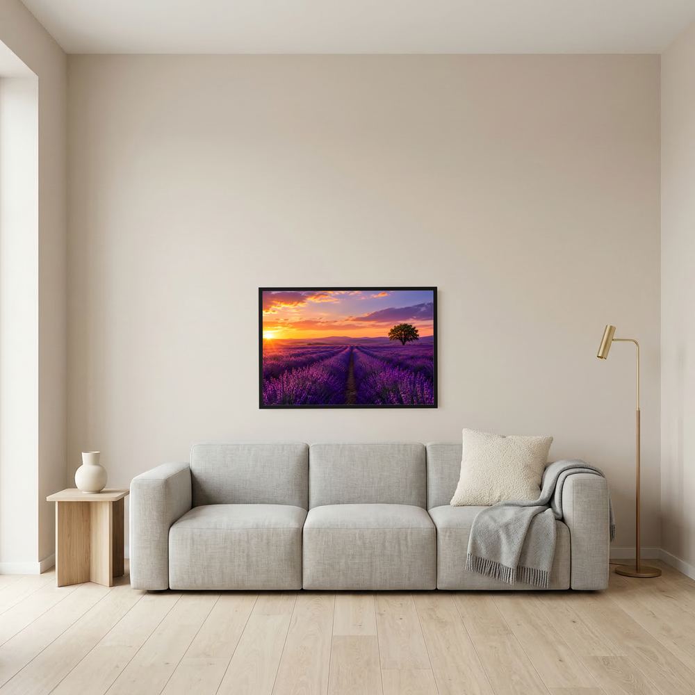 Wandbild Lavendelfeld bei Sonnenuntergang, schwarzer Rahmen, rechteckig
