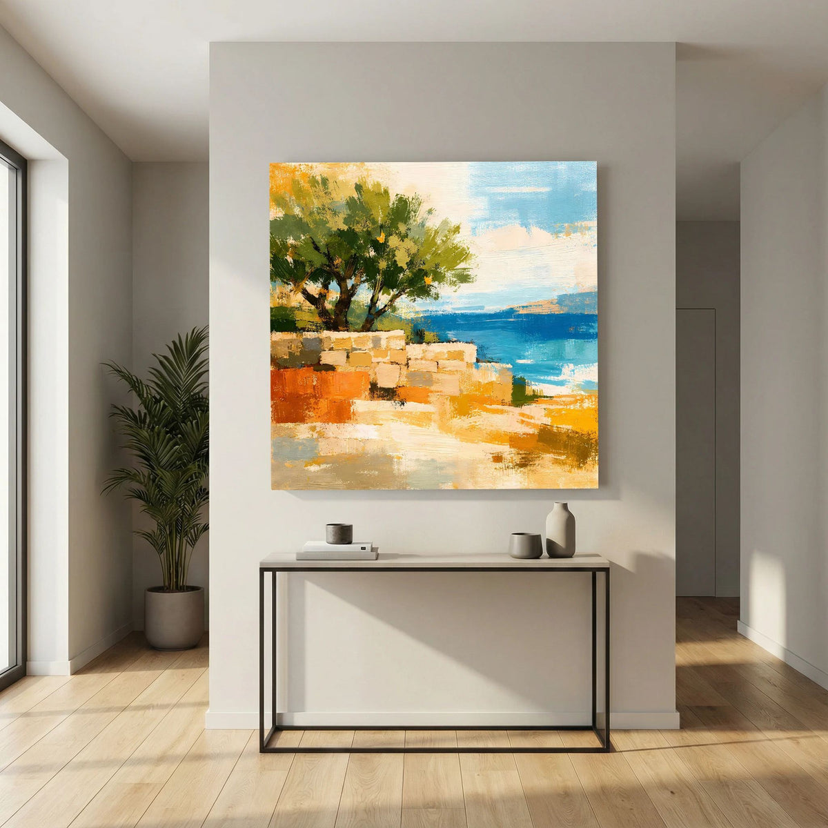 Quadratisches Leinwand-Wandbild mit Baum im Vordergrund und blauem Meer über orangefarbenem Ufer.
