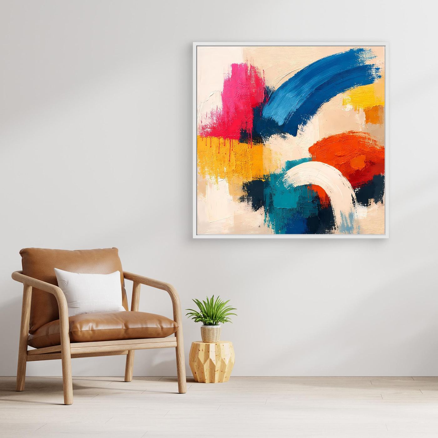 Abstract canvas wall art with red, blue, yellow, orange, and white strokes in a white frame