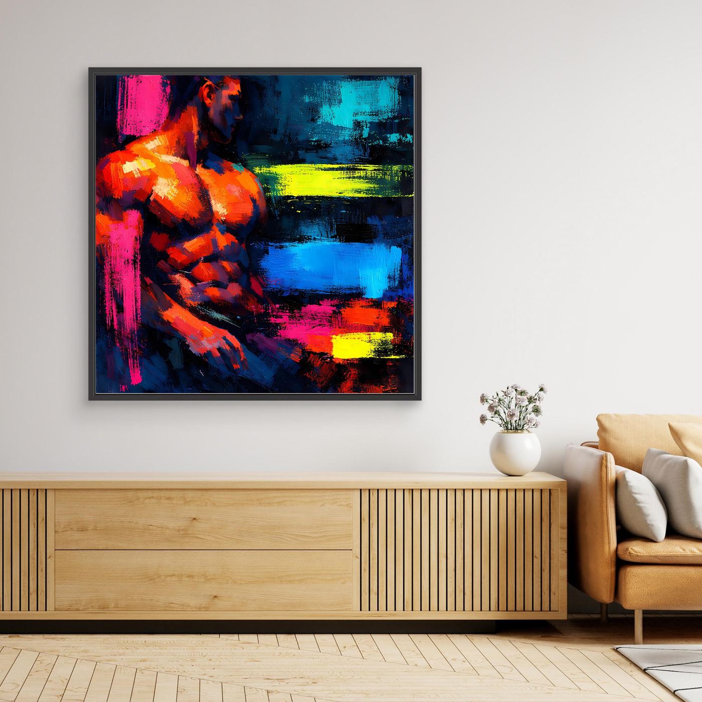 Leinwandbild Abstrakter Männlicher Torso | Moderner Neon-Kunst Wandbild auf echtem Holzkeilrahmen