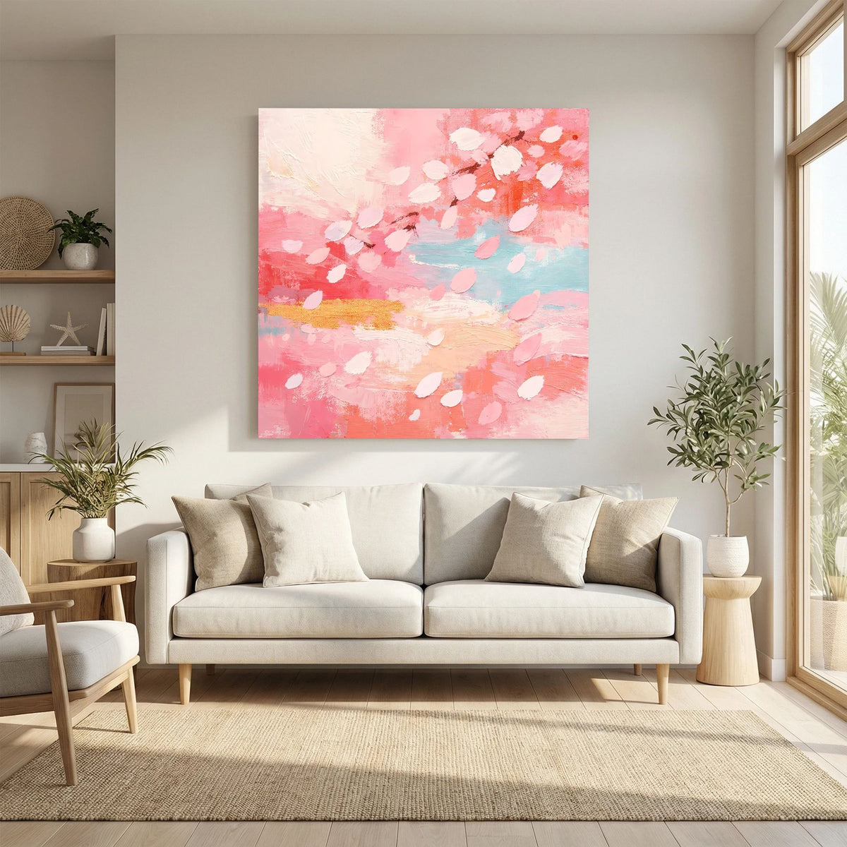 Leinwand-Wandbild mit abstrakten Kirschblüten in Pastellrosa, mit hellblauen Farbakzenten