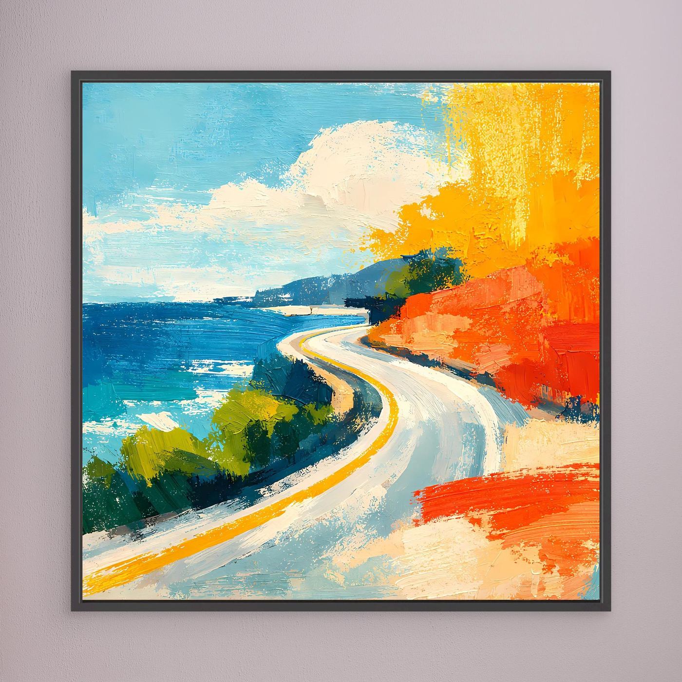 Coastal abstract wall art with black frame, blue water, winding road, orange shoreline