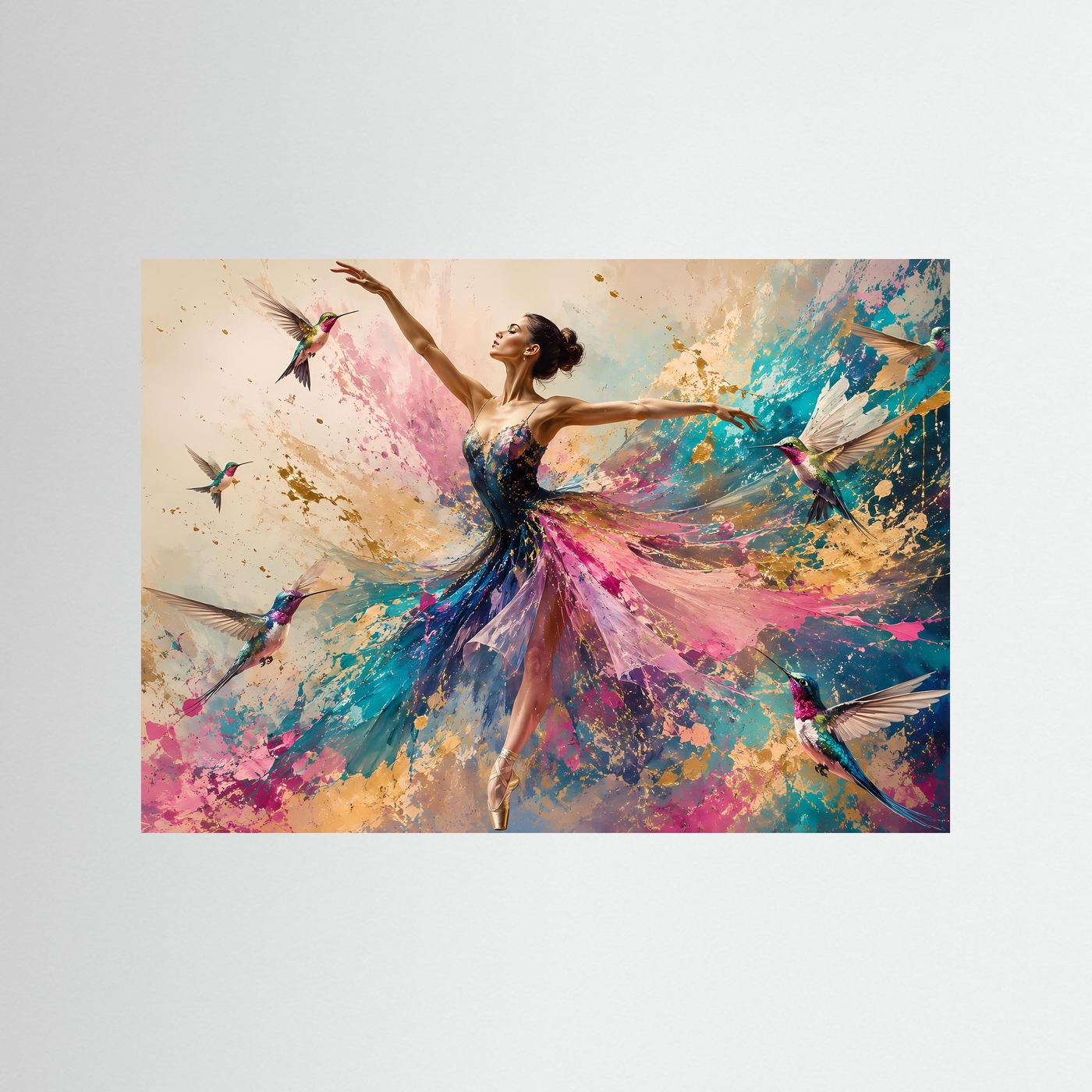 Ballerina mit Kolibris Poster | Elegante Tanzkunst Wandbild | Abstrakte Ballett Kunst | Farbenfroher Fine Art Print | Modernes Wandbild