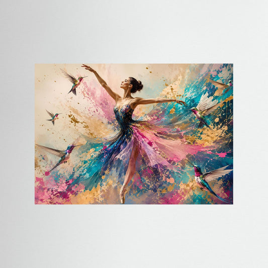 Abstraktes Wandbild: Ballerina im bunten Tutu mit Kolibris, in Farbwirbeln
