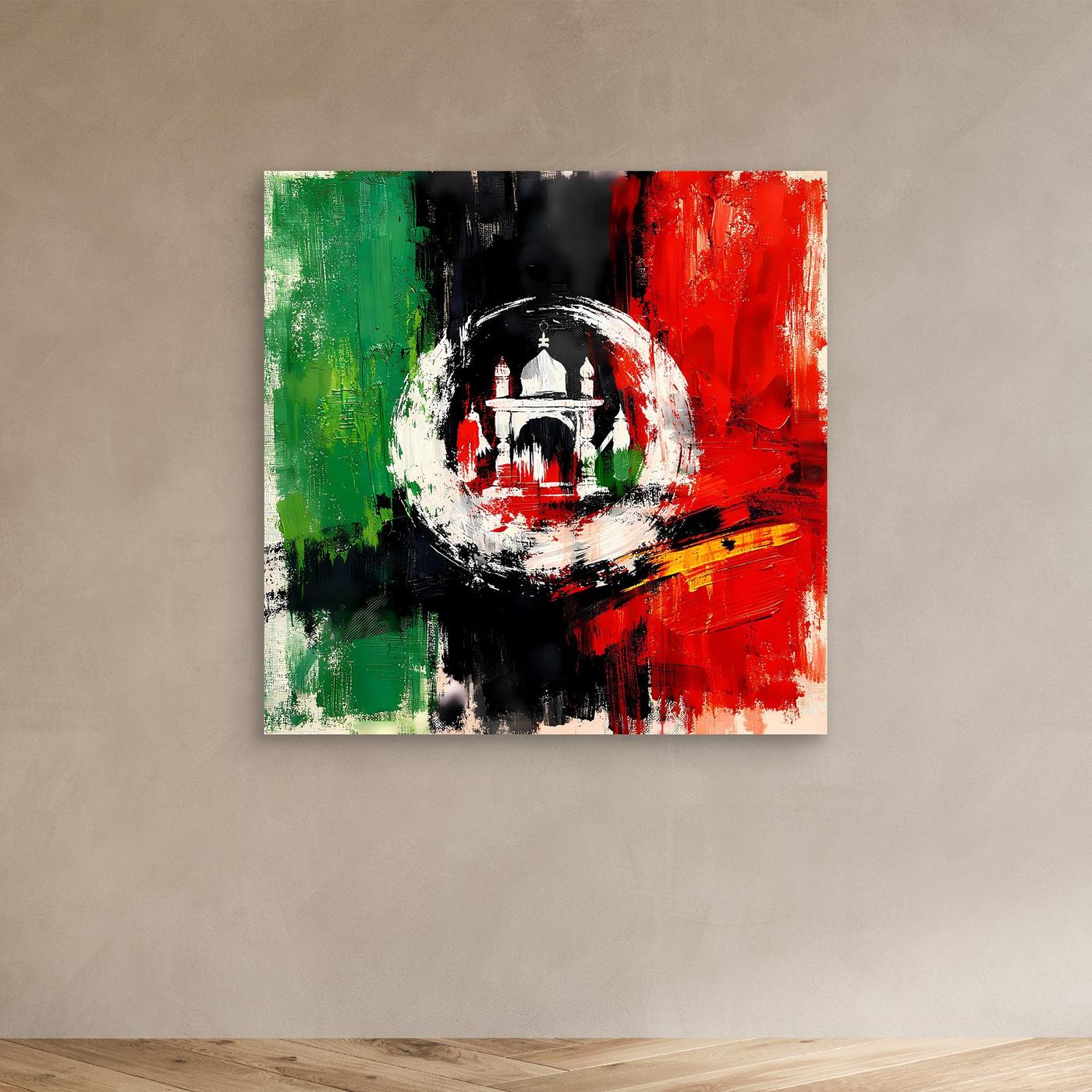 Abstract Afghanistan flag canvas wall art, red green black brushstrokes with white emblem circle
