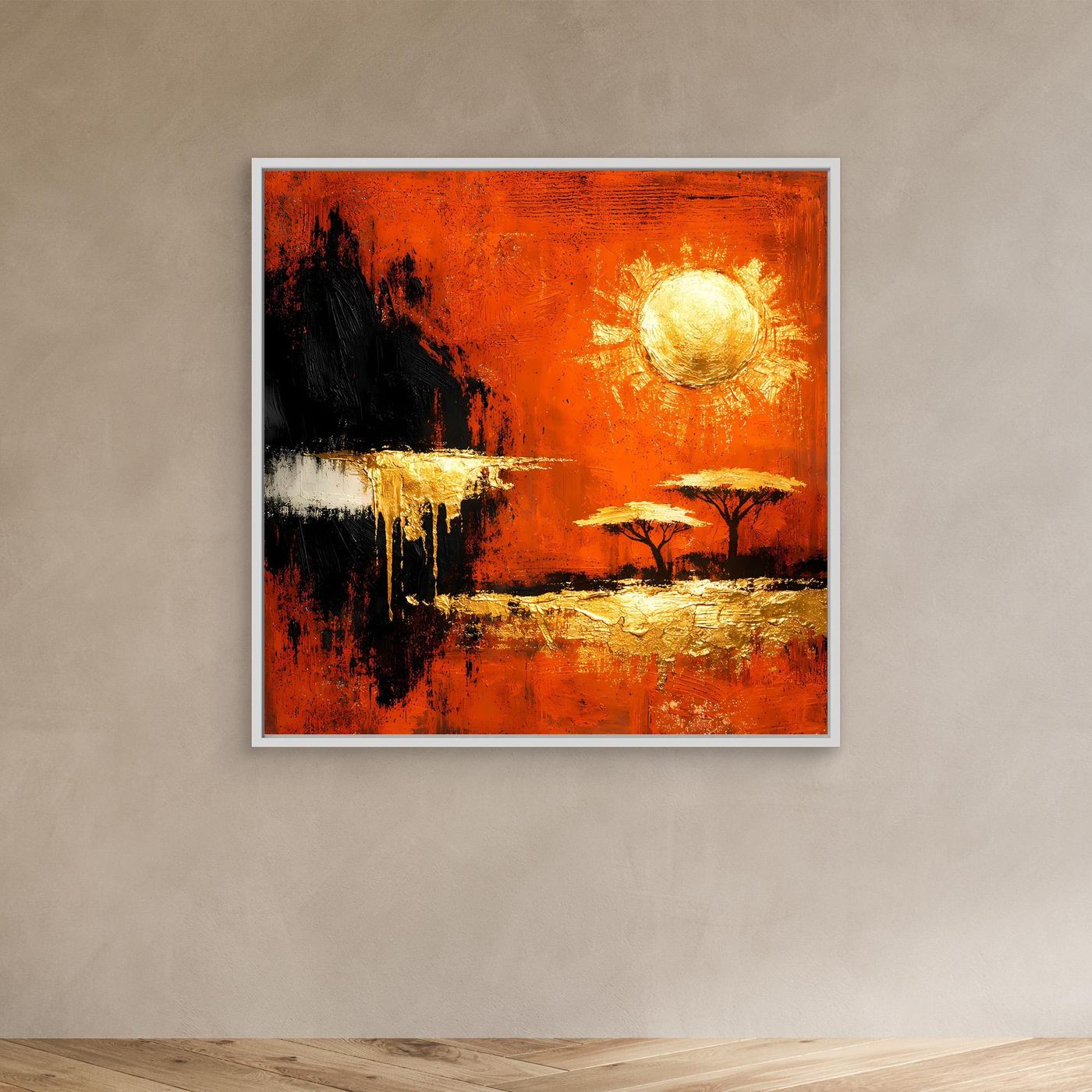 Leinwand Abstrakte Savanne bei Sonnenuntergang | Modernes Afrika Wandbild in Rot und Gold