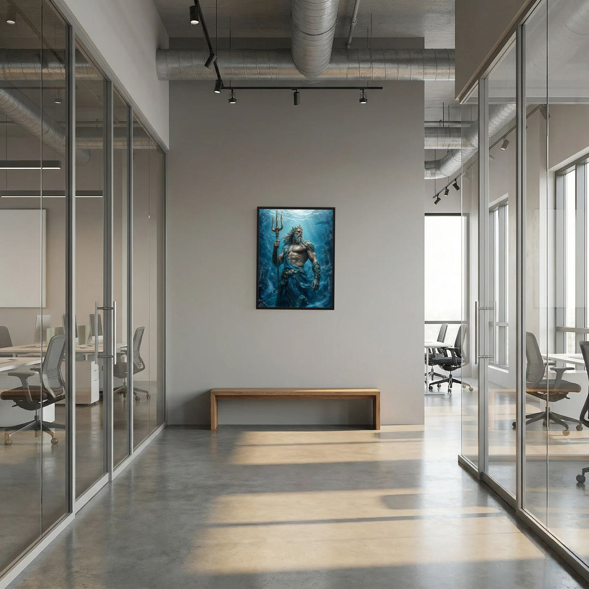 Wandposter mit Poseidon und Dreizack im blauen Unterwasserbild, dunkler Rahmen