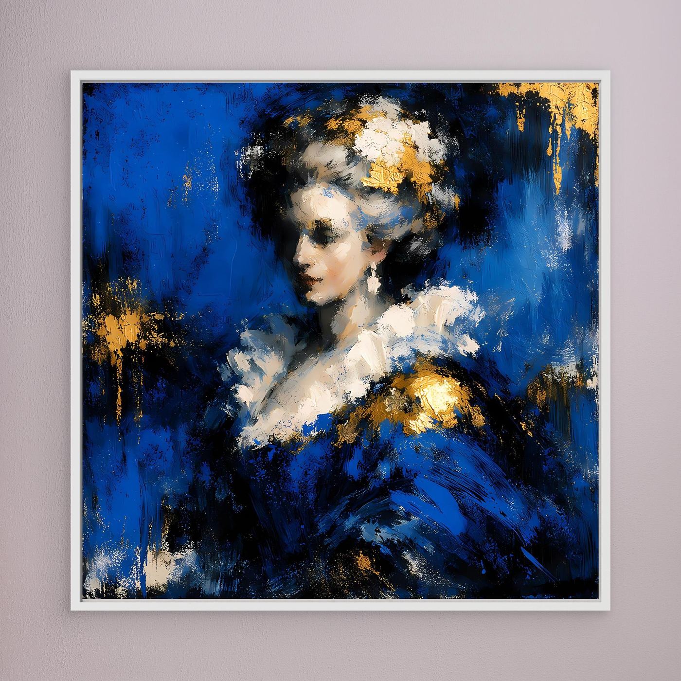 Leinwand Elegante Barock-Dame in Blau und Gold | Abstraktes Porträt Wandbild
