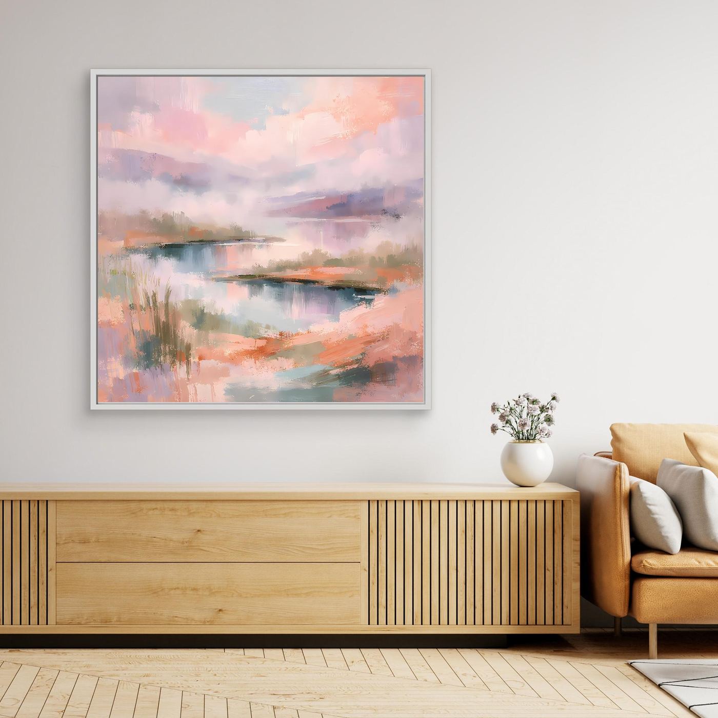 Gerahmtes Leinwand-Wandbild mit pastellfarbenem abstraktem Seenlandschaft-Motiv im Weißrahmen