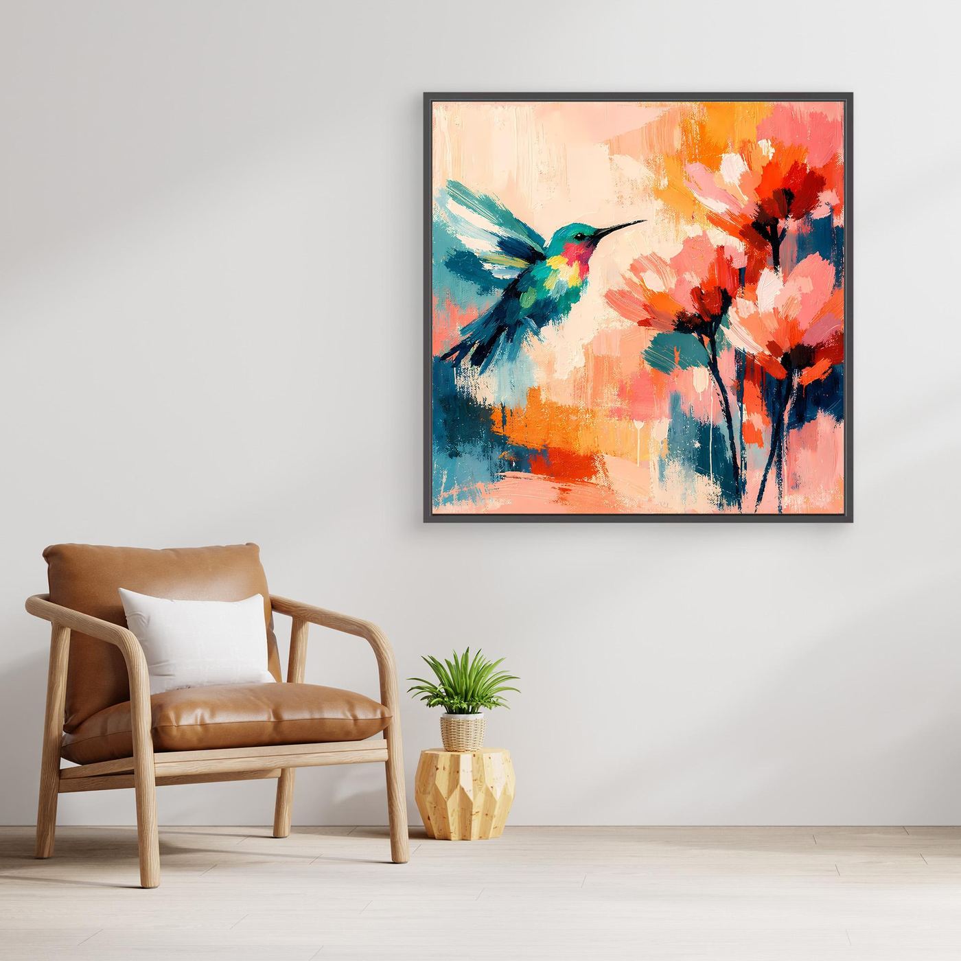 Abstract hummingbird canvas wall art with colorful flower blooms in black frame