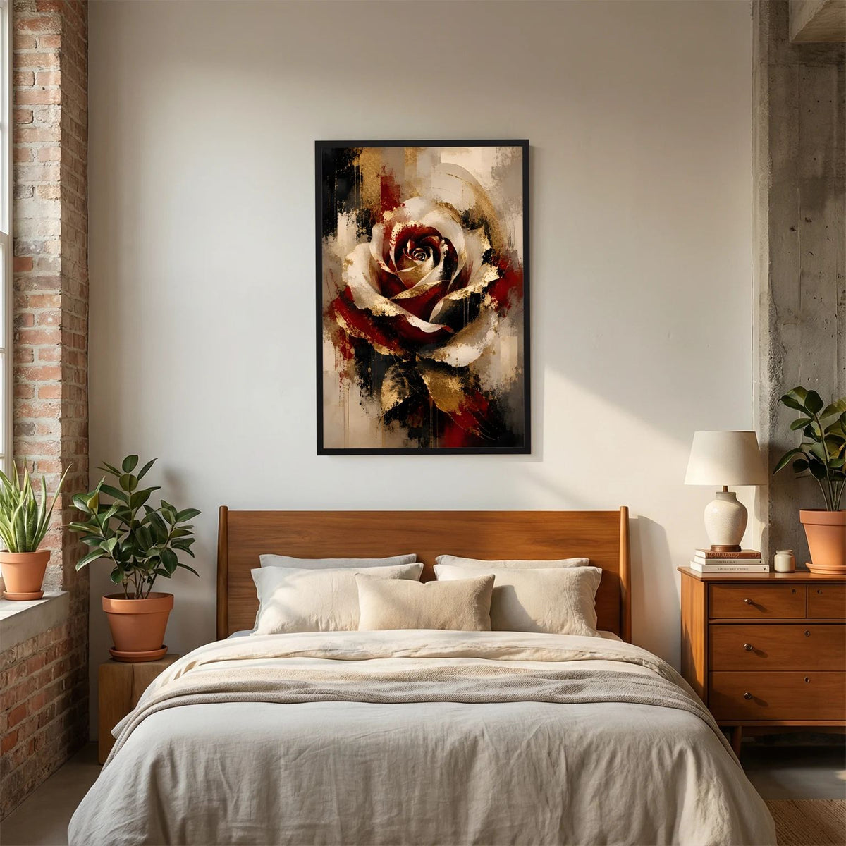 Poster im Hochformat mit abstrakter Rose in Rot, Gold und Schwarz, schwarz gerahmt