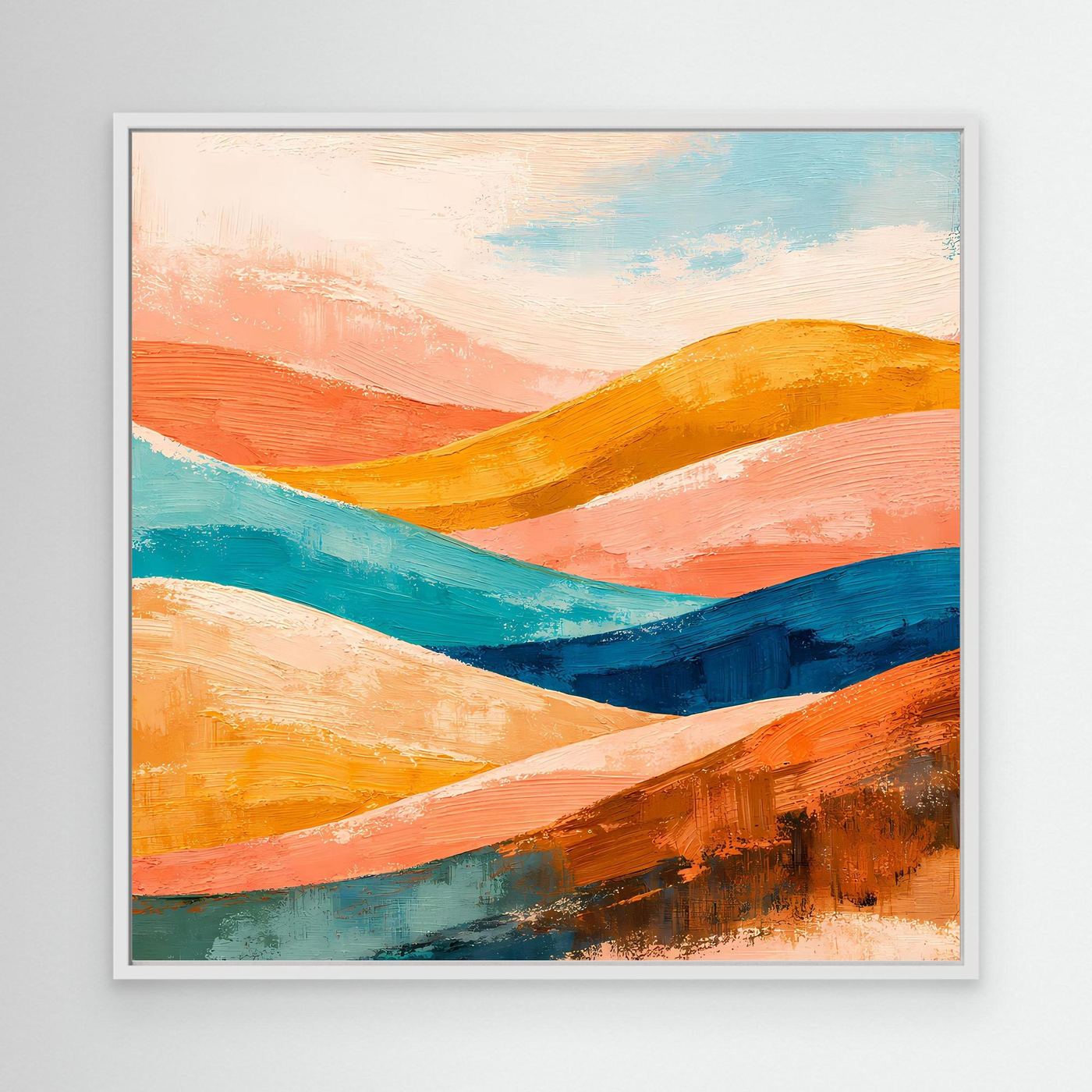 Abstract canvas wall art with wave-like hills in orange, teal, and blue, light frame