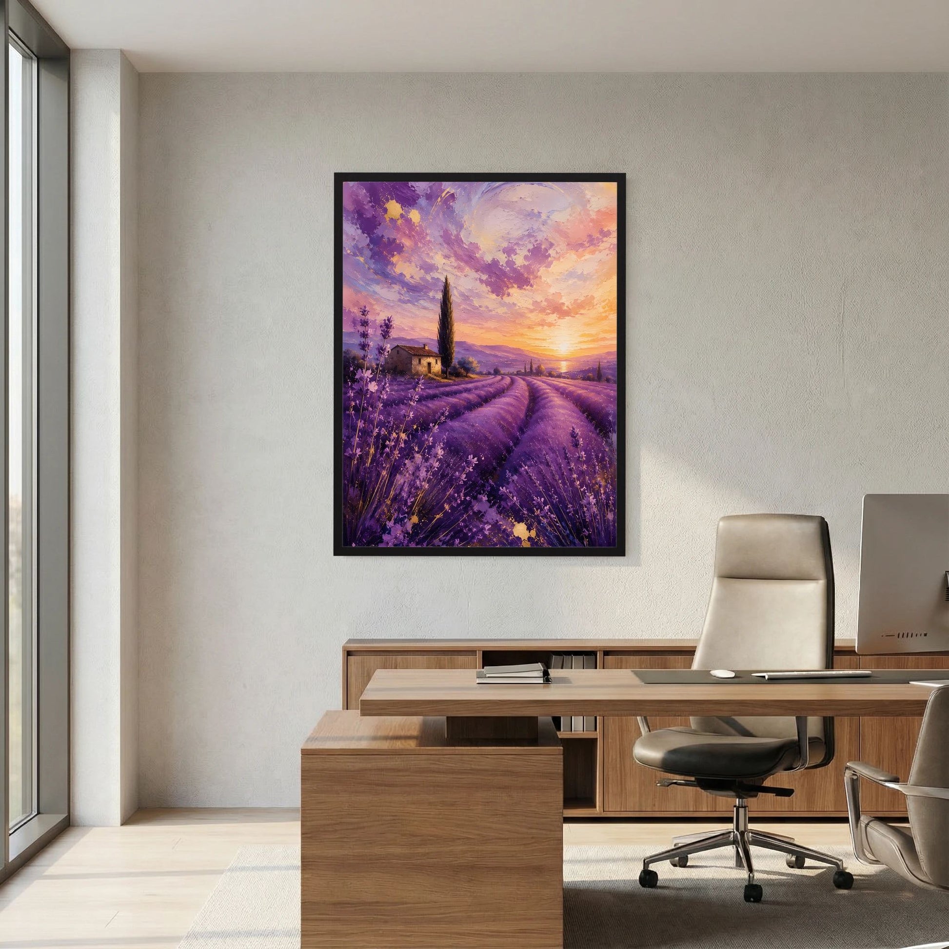 Gerahmtes Hochformat-Poster mit lila Lavendelfeld und Kirchturm im warmen Dämmerlicht