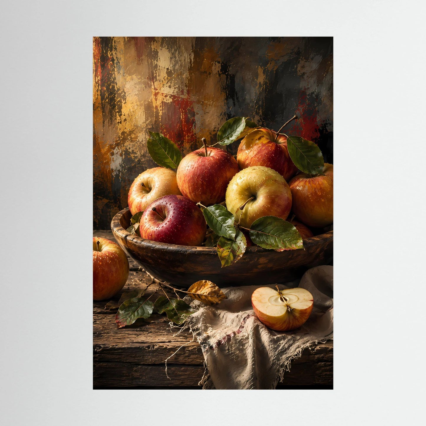 Poster im Hochformat mit Apfel-Stillleben: Äpfel, Blätter und angeschnittene Frucht