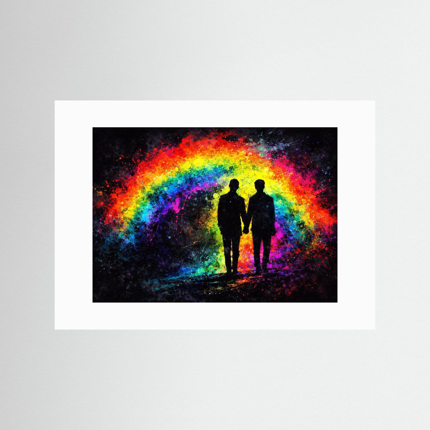Gerahmtes Wandbild: zwei Silhouetten im Regenbogenlicht, weißer Rahmen