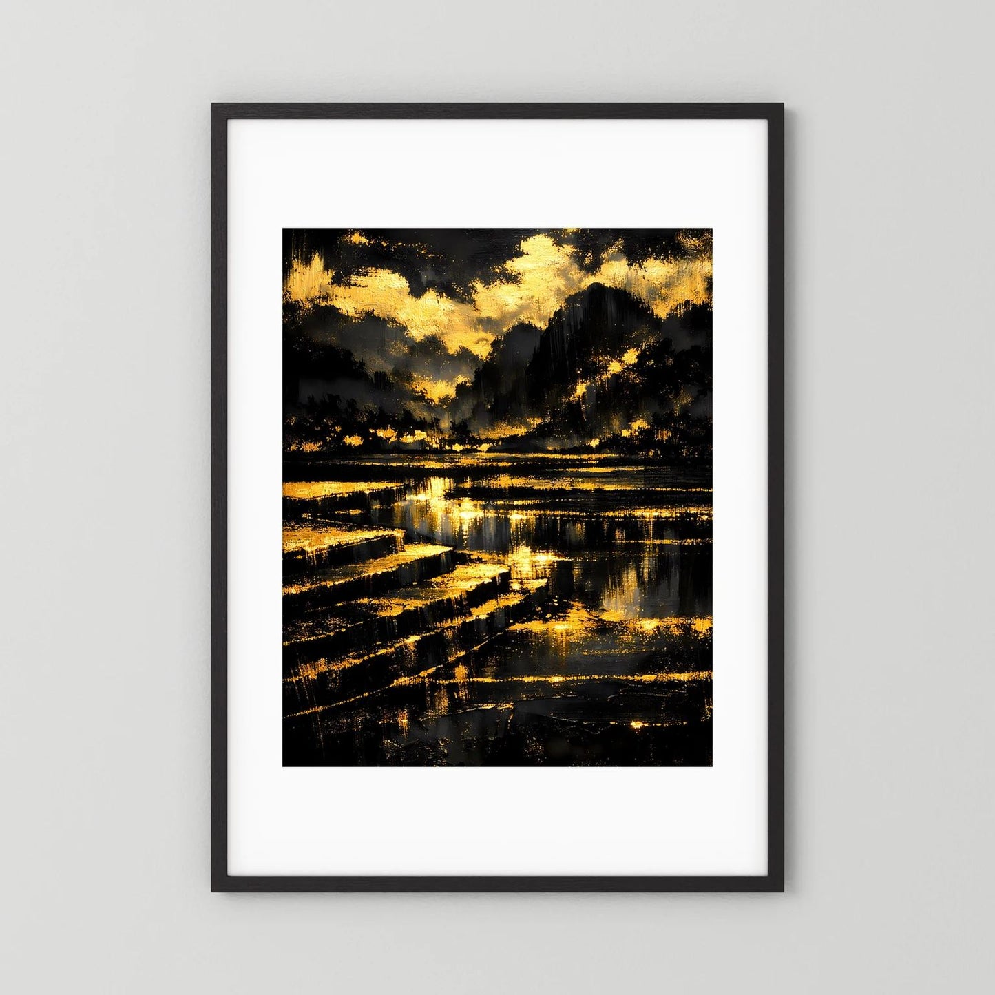 Wandbild-Poster im Hochformat: abstrakte Berglandschaft Schwarz und Gold, schwarzer Rahmen