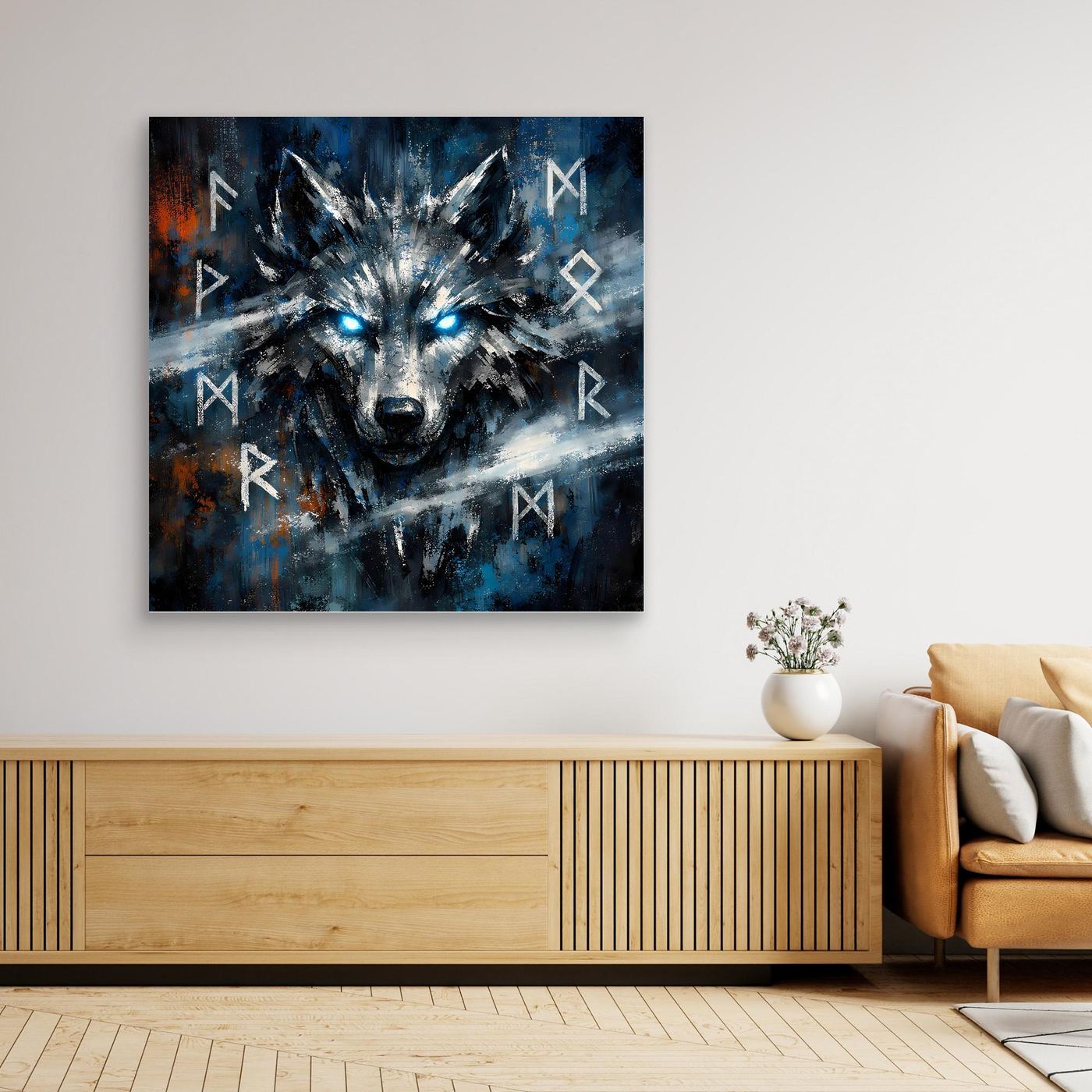 Wandbild mit nordischem Wolf in Blau-Schwarz, leuchtende Augen und Runen, dunkle Einfassung