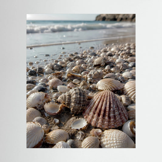 Hochformatiges Poster mit Muscheln am Strand in Naturtönen, nah aufgenommen