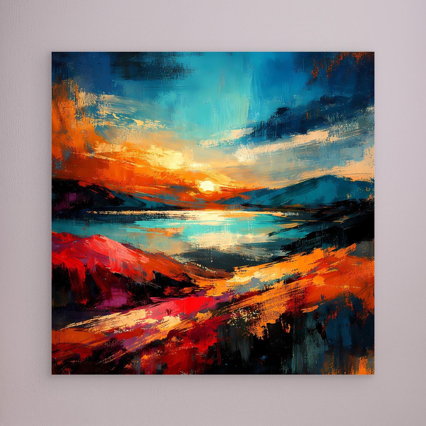 Leinwandbild ohne Rahmen mit abstraktem Sonnenaufgang in Blau, Rot und Orange