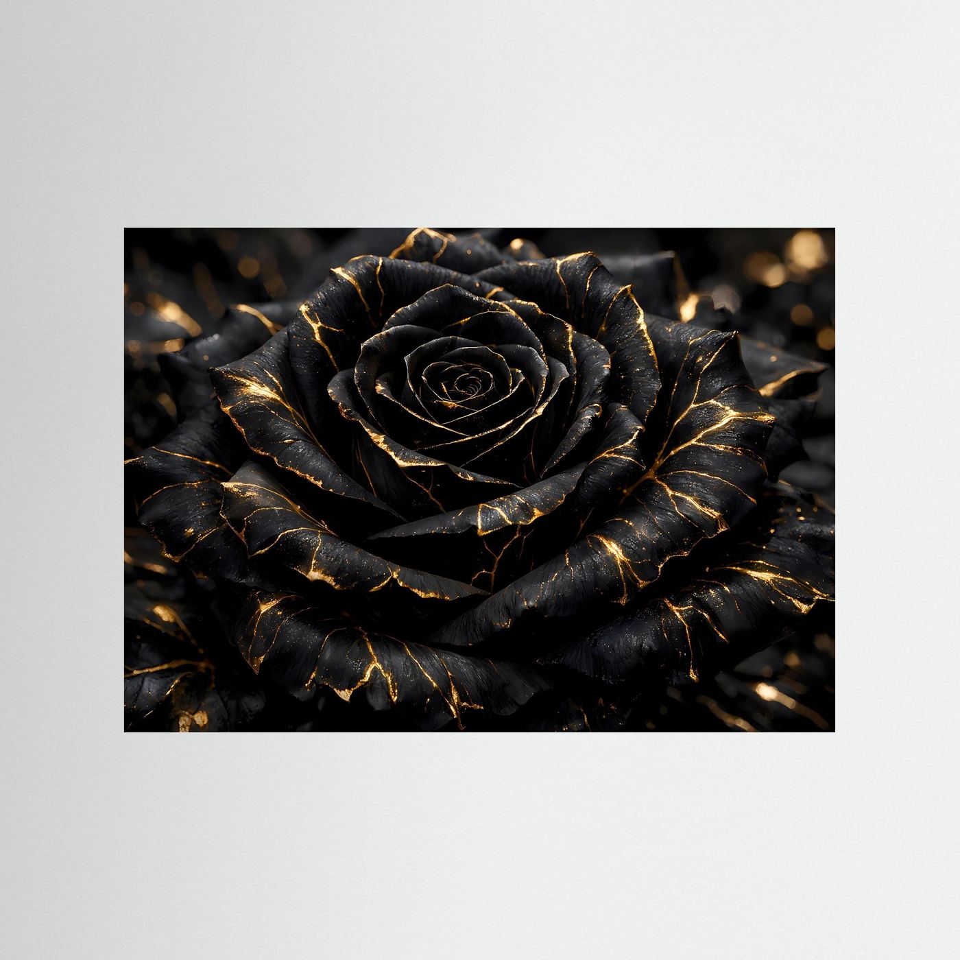Wandbild mit schwarzer Rose, feinen goldenen Adern, schwarzer Rahmenumrandung