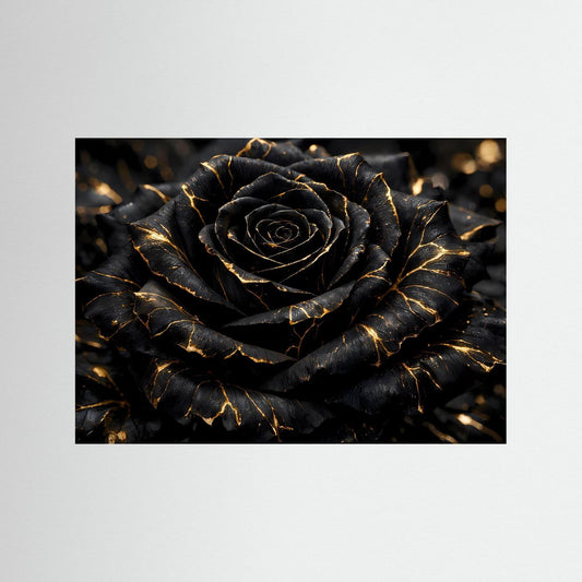 Wandbild mit schwarzer Rose, feinen goldenen Adern, schwarzer Rahmenumrandung