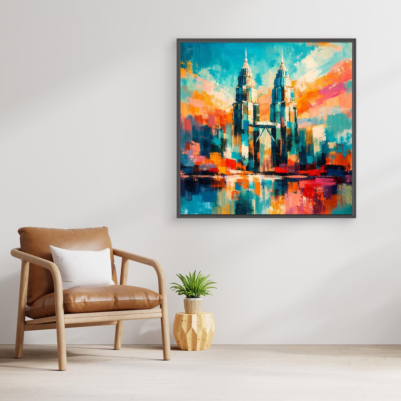 Abstraktes Leinwand-Wandbild mit schwarzem Rahmen, türkis-blaue Türme und orange Reflexion