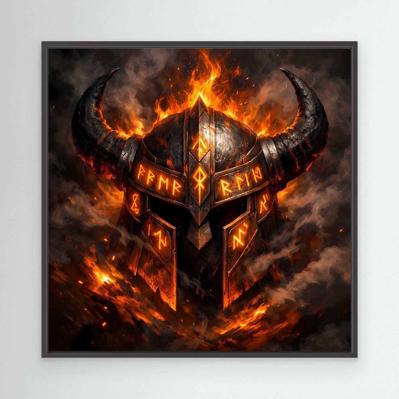 Leinwand-Wandbild mit flammendem Wikingerhelm und Runen, schwarzer Rahmen