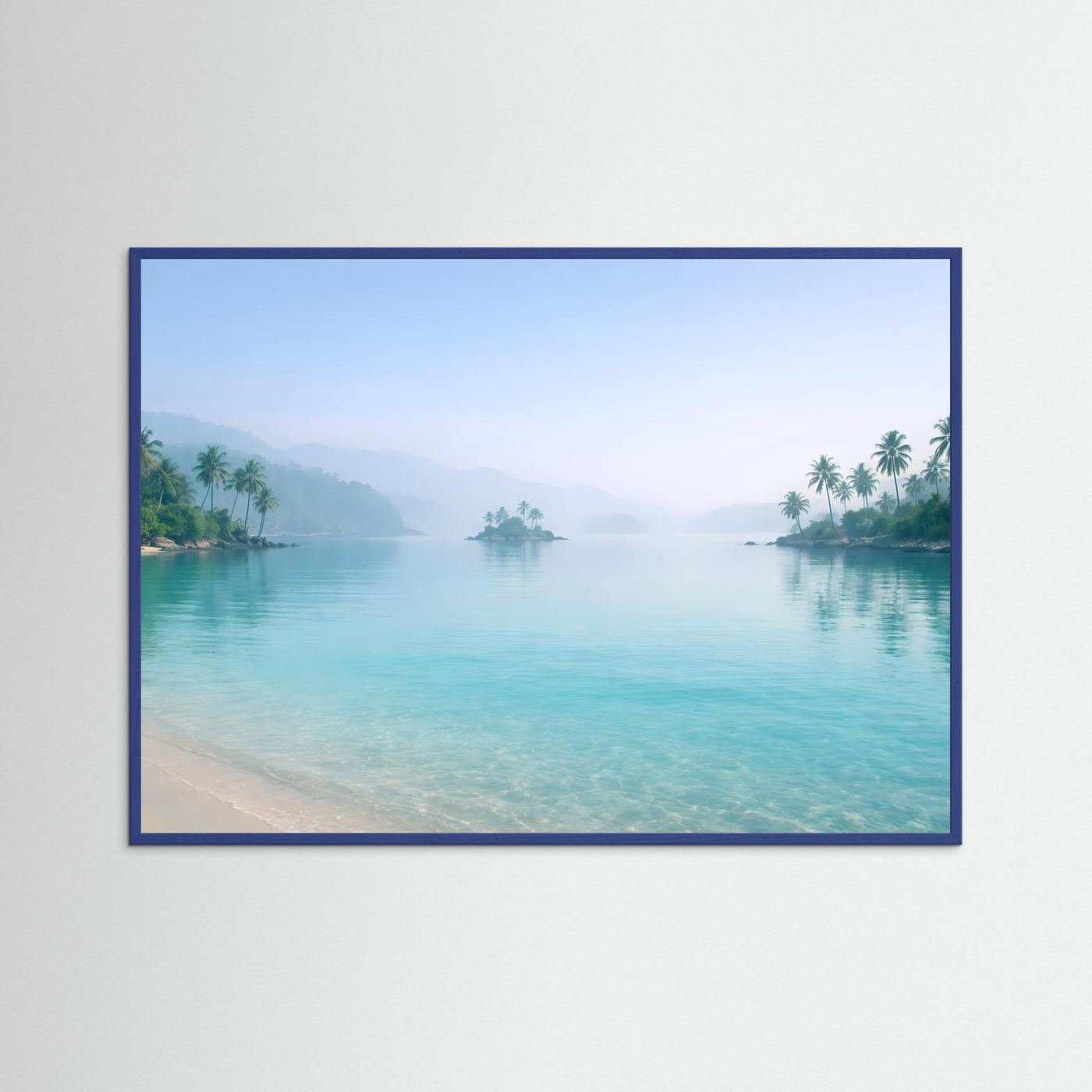 Tropisches Inselparadies im Nebel | Strand & Palmen Wandbild Querformat