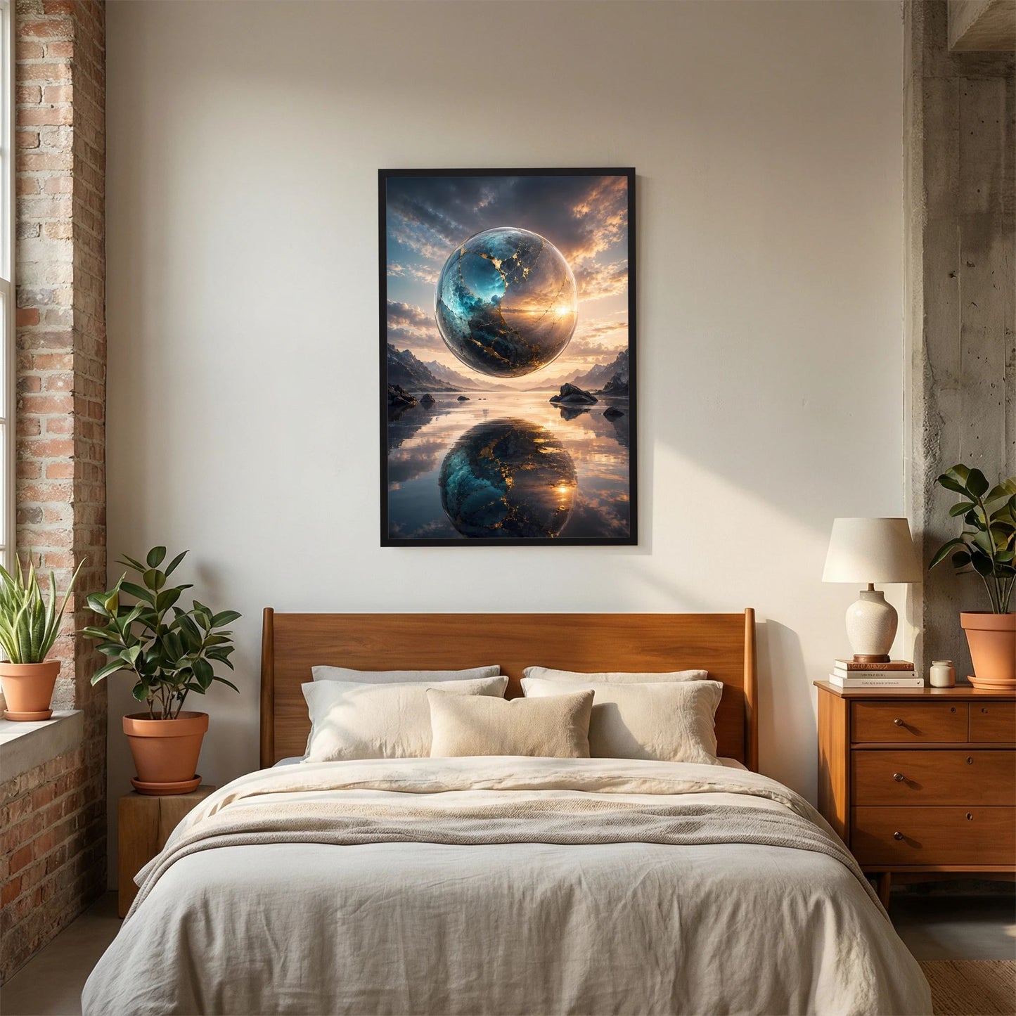 Hochformat-Poster mit schwebender Erdkugel in Blau und Gold, Spiegelung im Wasser, schwarzer Rahmen